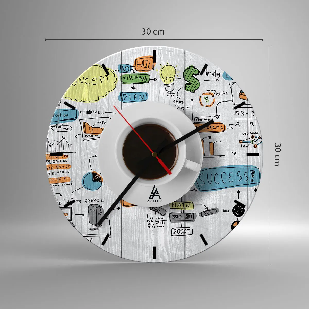 Wanduhr - Glasuhr - Eine Tasse Kaffee vor dem Hintergrund eines Businessplans und Diagrammen - 30x30cm - Zeit für eine Pause - Moderne Wanddekoration für Wohnzimmer, Küche und Schlafzimmer ARTTOR