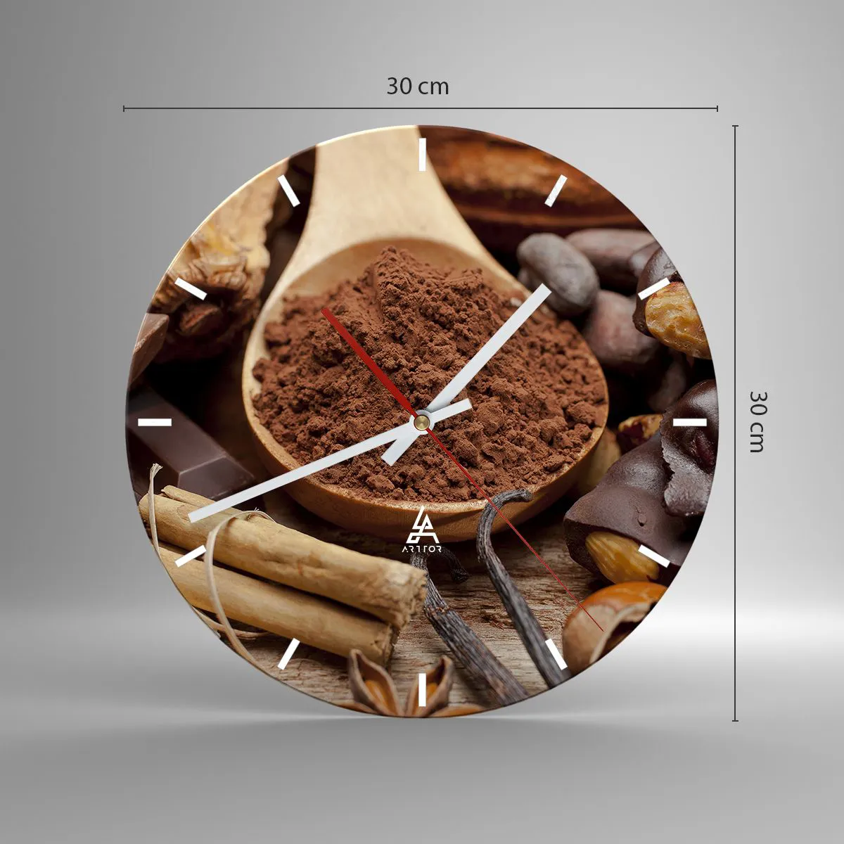 Nástěnné hodiny - Lžíce kakaa obklopená kořením a kousky čokolády - 30x30cm - Nejlepší na smutek - Moderní nástěnná dekorace do obývacího pokoje, kuchyně a ložnice ARTTOR