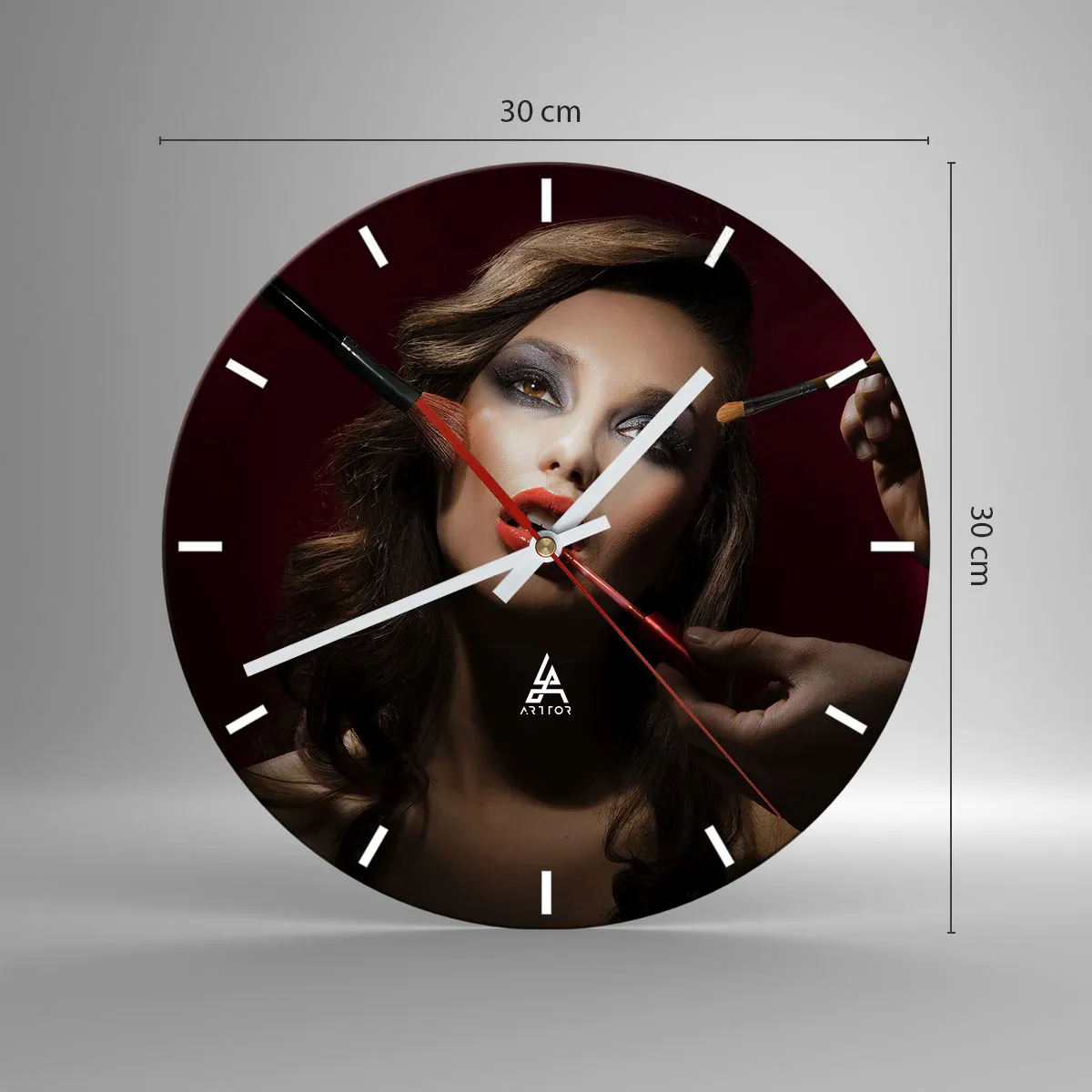 Wall clock - Clock on glass - Portrait of a woman getting her makeup done - 30x30cm - Beautiful and Dreamy - Modern wall decoration for the living room, kitchen, and bedroom ARTTOR