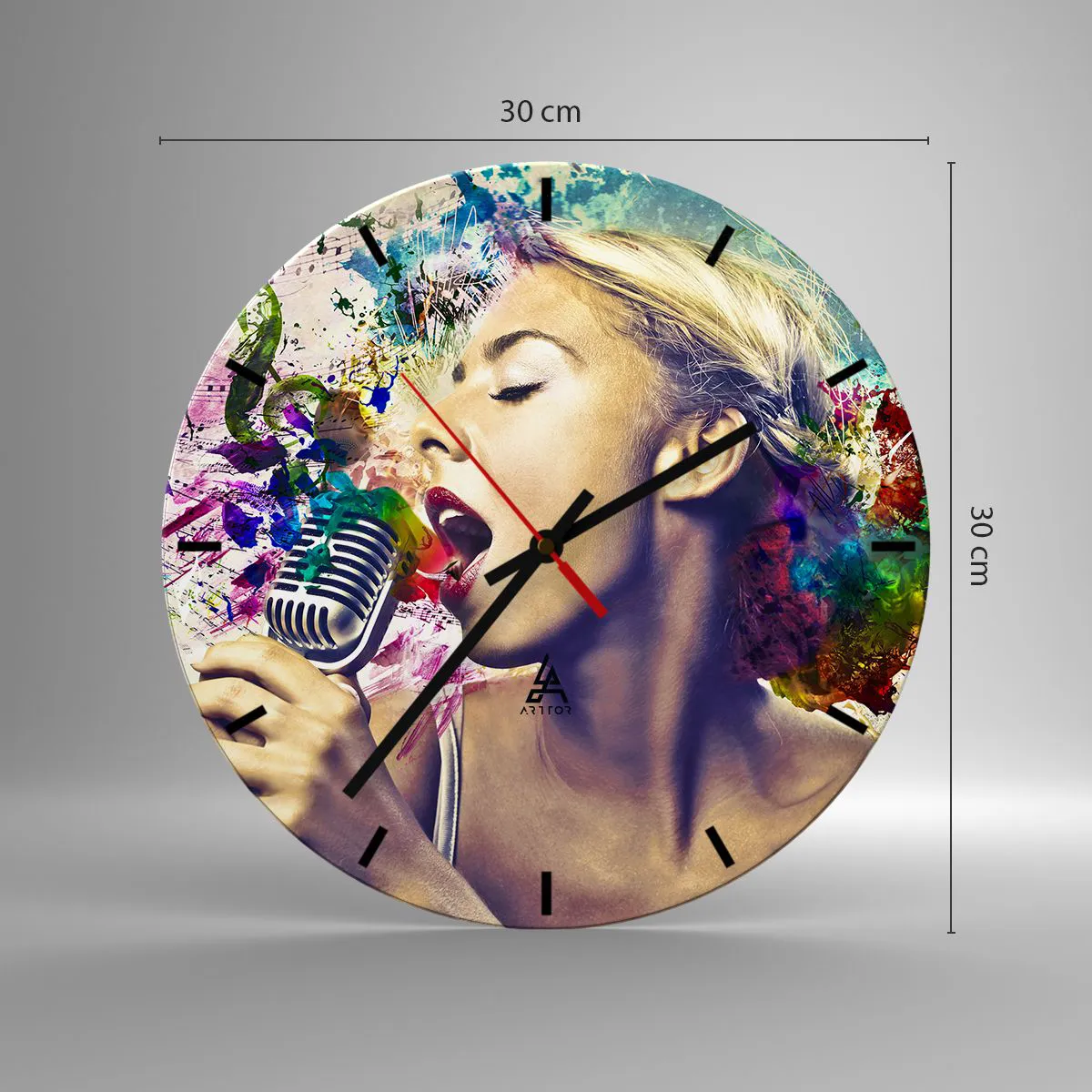 Reloj de pared - Reloj de vidrio - Un personaje colorido cantando en un micrófono con un fondo musical. - 30x30cm - Pinta el mundo con tu voz - Decoración de pared moderna para salón, cocina y dormitorio ARTTOR