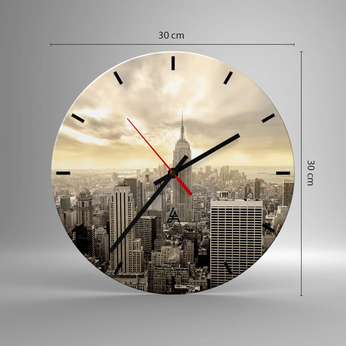 Zegar ścienny - Panorama miasta z charakterystycznym wieżowcem w sepii - 30x30cm - Nowy Jork utkany z szarości - Nowoczesna dekoracja ścienna do salonu, kuchni i sypialni ARTTOR