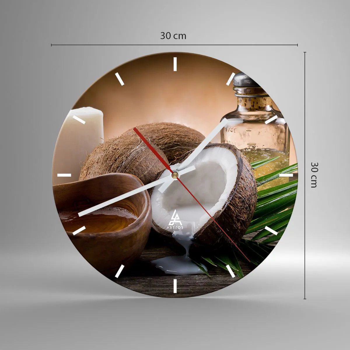 Väggklocka - Klocka på glas - Delad kokosnöt med mjölk och tropiska tillbehör - 30x30cm - Hälsa från tropiska öar - Modern väggdekoration för vardagsrum, kök och sovrum ARTTOR