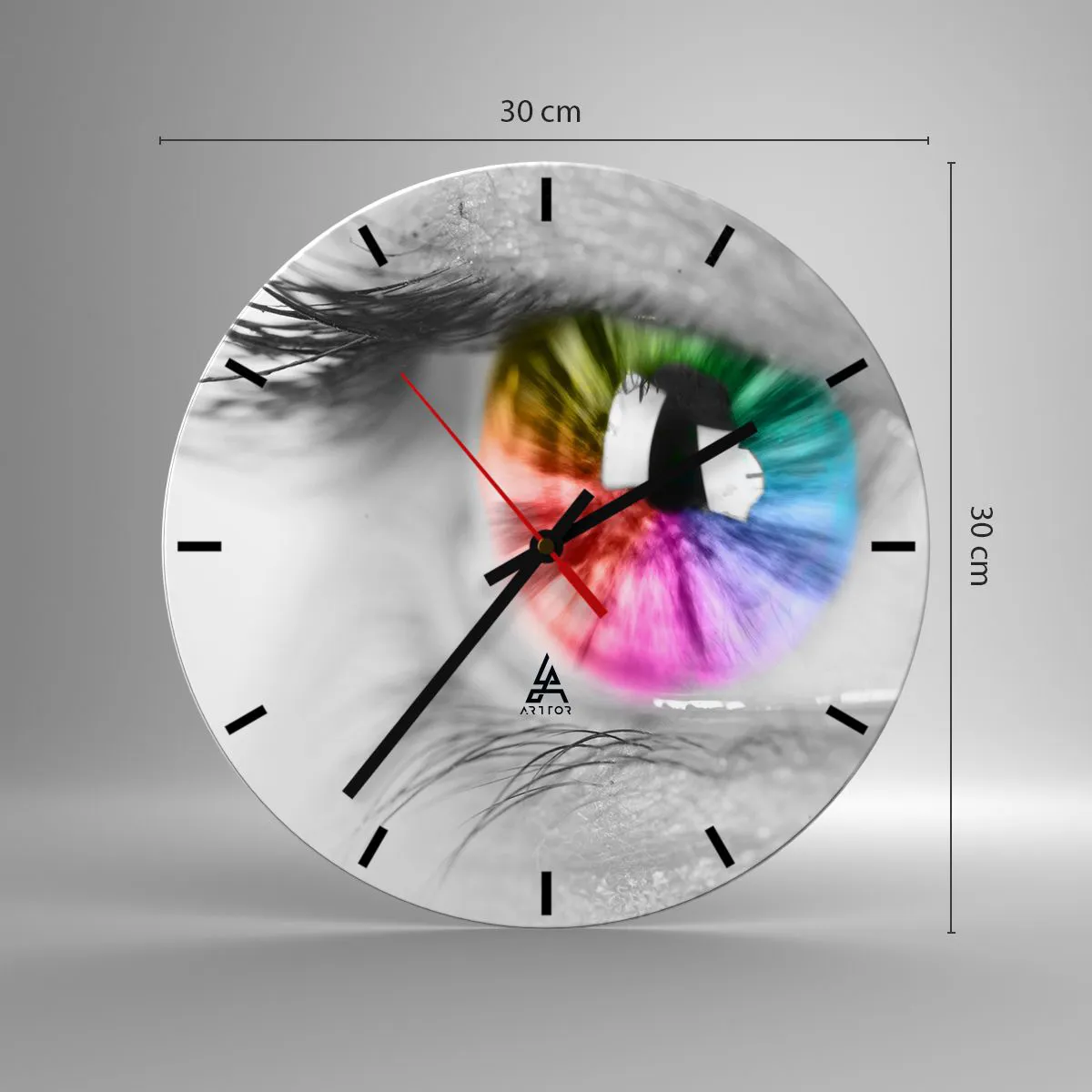 Nástenné hodiny - Farebné oko v čiernobielom ráme - 30x30cm - Pozerať sa na svet farebne - Moderná nástenná dekorácia do obývacej izby, kuchyne a spálne ARTTOR