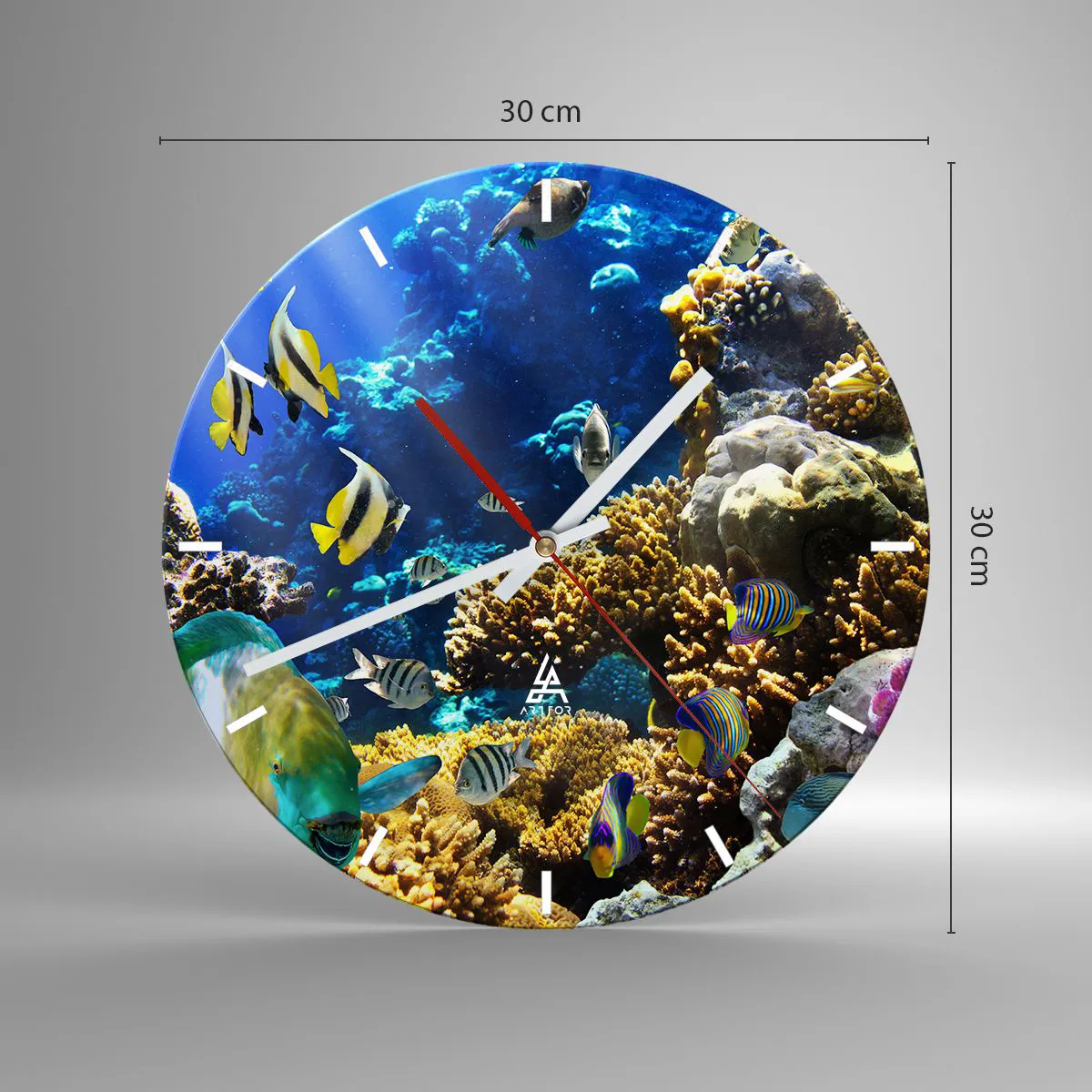 Relógio de parede - Relógio em vidro - Recife de coral com peixes tropicais no oceano azul - 30x30cm - Tráfego intenso no percurso de férias - Decoração de parede moderna para a sala de estar, cozinha e quarto ARTTOR