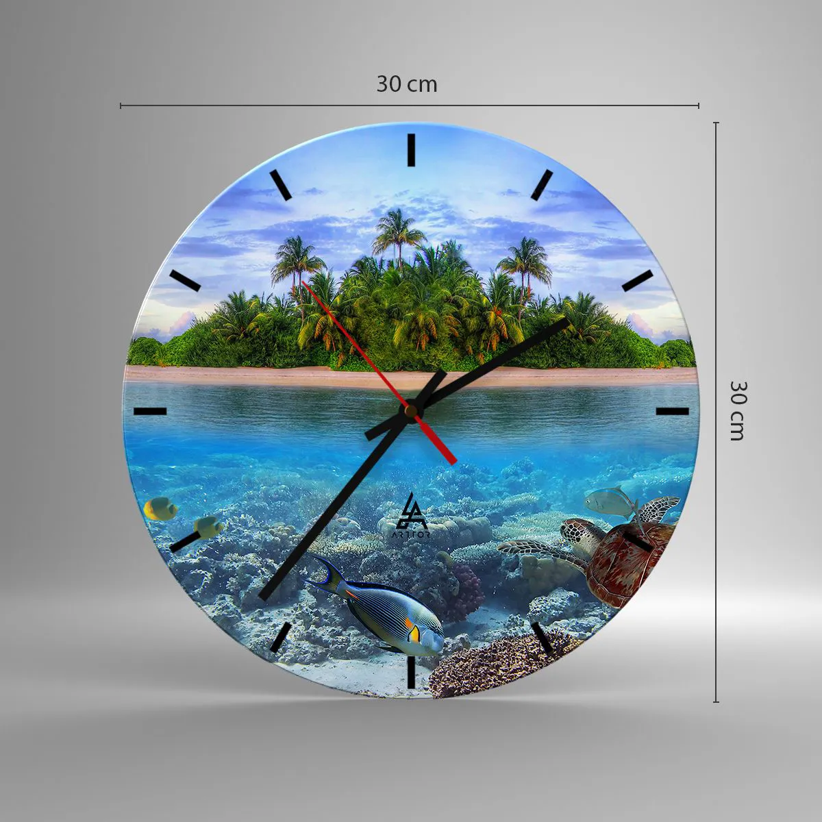 Orologio da parete - Orologio in Vetro - Un'isola esotica con palme e un mondo sottomarino - 30x30cm - L'isola del paradiso dà il benvenuto - Decorazione murale moderna per soggiorno, cucina e camera da letto ARTTOR