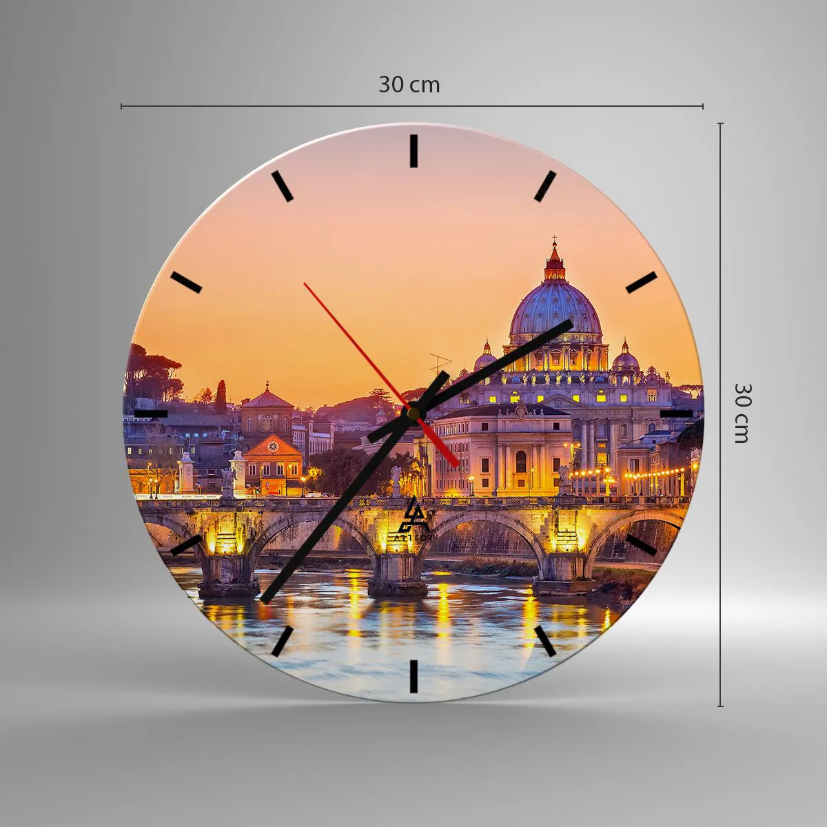 Reloj de pared - Reloj de vidrio - Panorama de Roma con la Basílica de San Pedro al atardecer - 30x30cm - Crepúsculo sobre la Ciudad Eterna - Decoración de pared moderna para salón, cocina y dormitorio ARTTOR