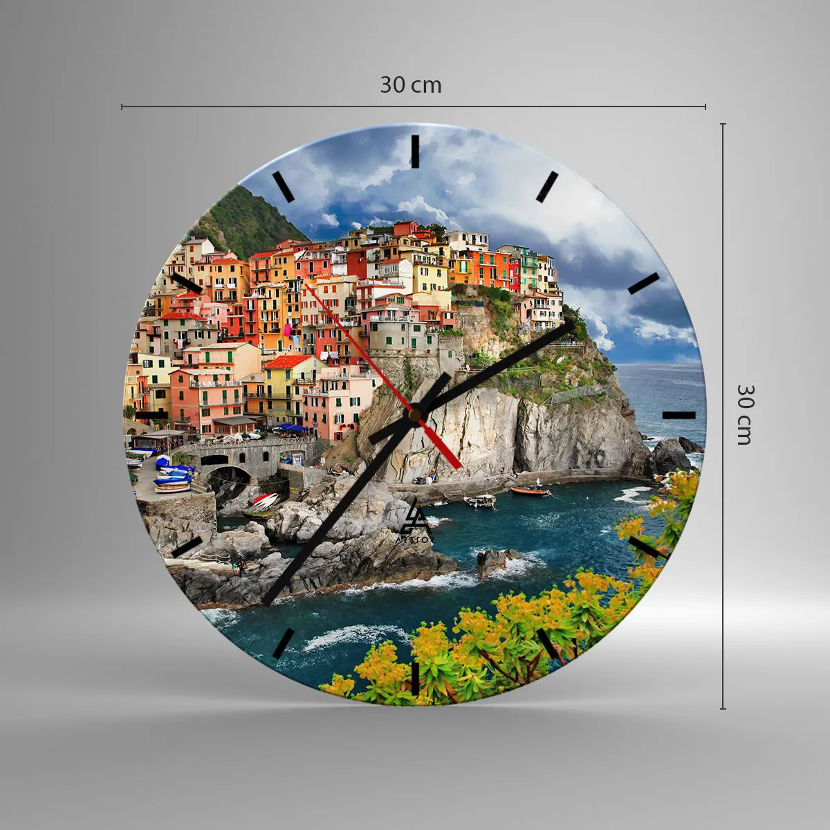 Wanduhr - Glasuhr - Eine farbenfrohe Stadt auf einer Klippe am Meer - 30x30cm - Eine Gruppe umarmt die Felsen - Moderne Wanddekoration für Wohnzimmer, Küche und Schlafzimmer ARTTOR