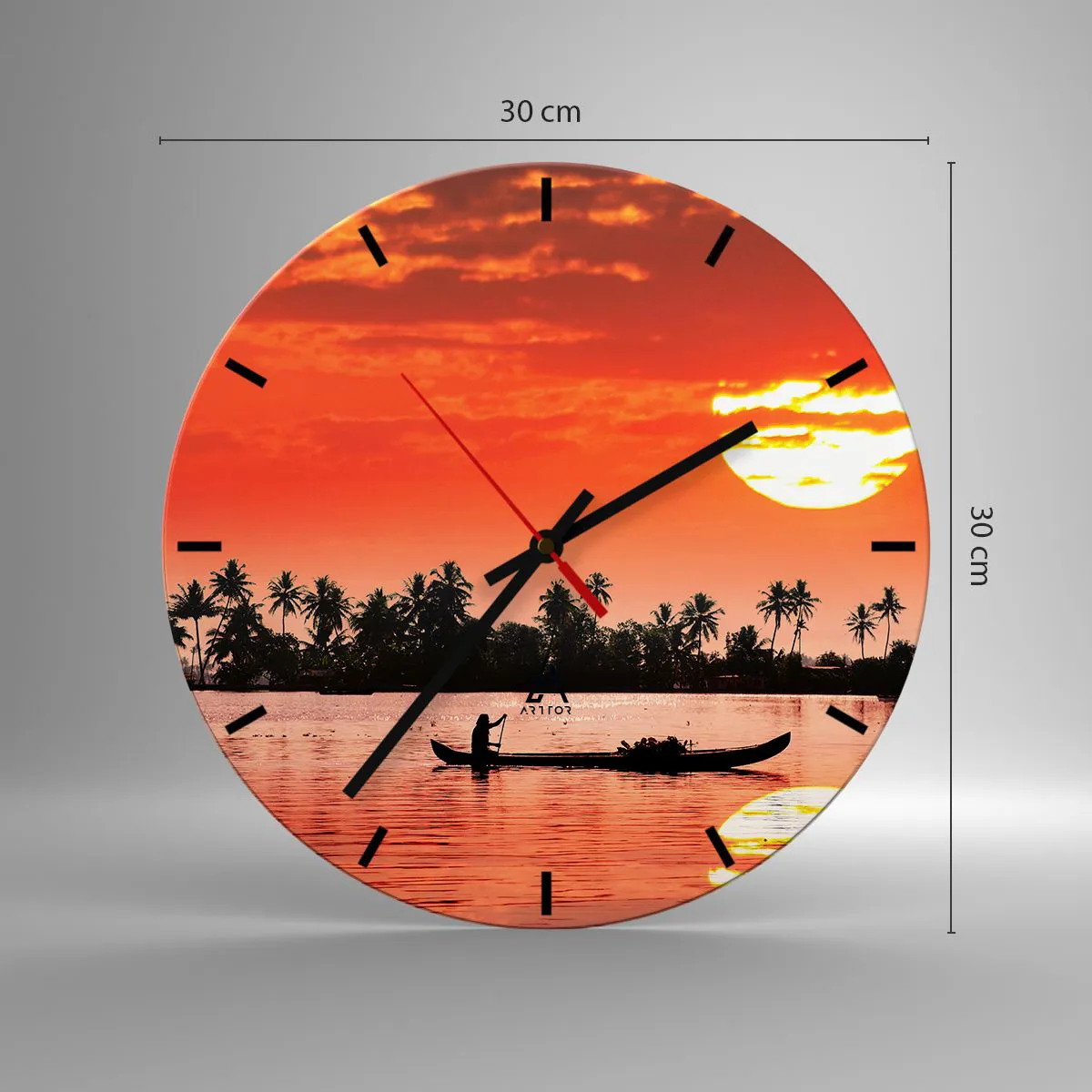 Relógio de parede - Relógio em vidro - Um barco com o pôr do sol tropical como pano de fundo - 30x30cm - A calma dos trópicos ao pôr do sol - Decoração de parede moderna para a sala de estar, cozinha e quarto ARTTOR