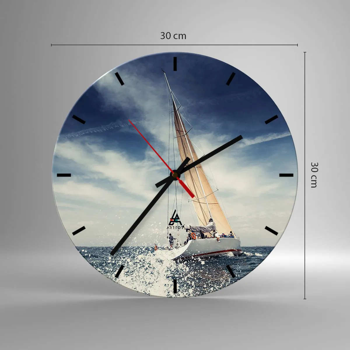 Ceas de perete - Ceas pe sticlă - Un iaht pe o mare furtunoasă sub un cer albastru - 30x30cm - Nu ne vor prinde din urmă! - Decorațiune modernă pentru perete pentru living, bucătărie și dormitor ARTTOR