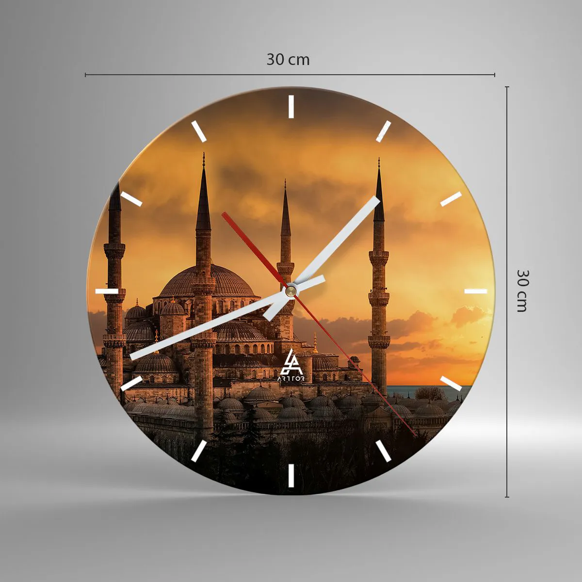 Nástěnné hodiny - Mešita v záři zapadajícího slunce - 30x30cm - Bůh je velký - Moderní nástěnná dekorace do obývacího pokoje, kuchyně a ložnice ARTTOR