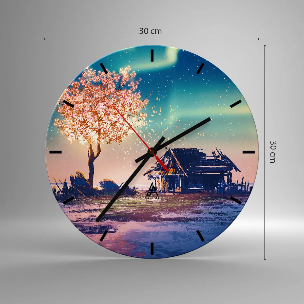 Wanduhr - Glasuhr - Baum und Hütte in der Abenddämmerung - 30x30cm - Die Natur vergeht nicht - Moderne Wanddekoration für Wohnzimmer, Küche und Schlafzimmer ARTTOR
