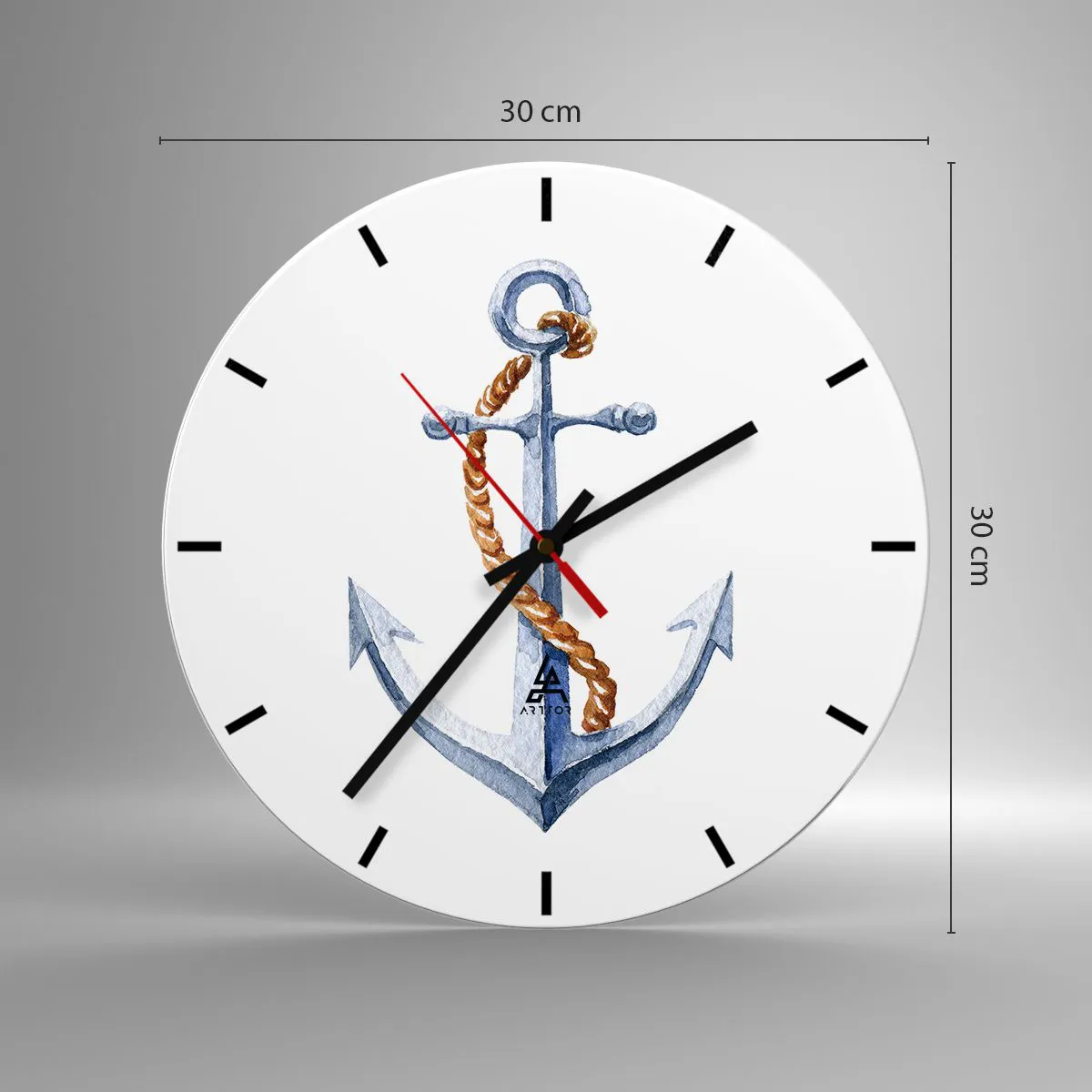 Relógio de parede - Relógio em vidro - Âncora com corda em fundo branco - 30x30cm - Ahoy aventura! - Decoração de parede moderna para a sala de estar, cozinha e quarto ARTTOR