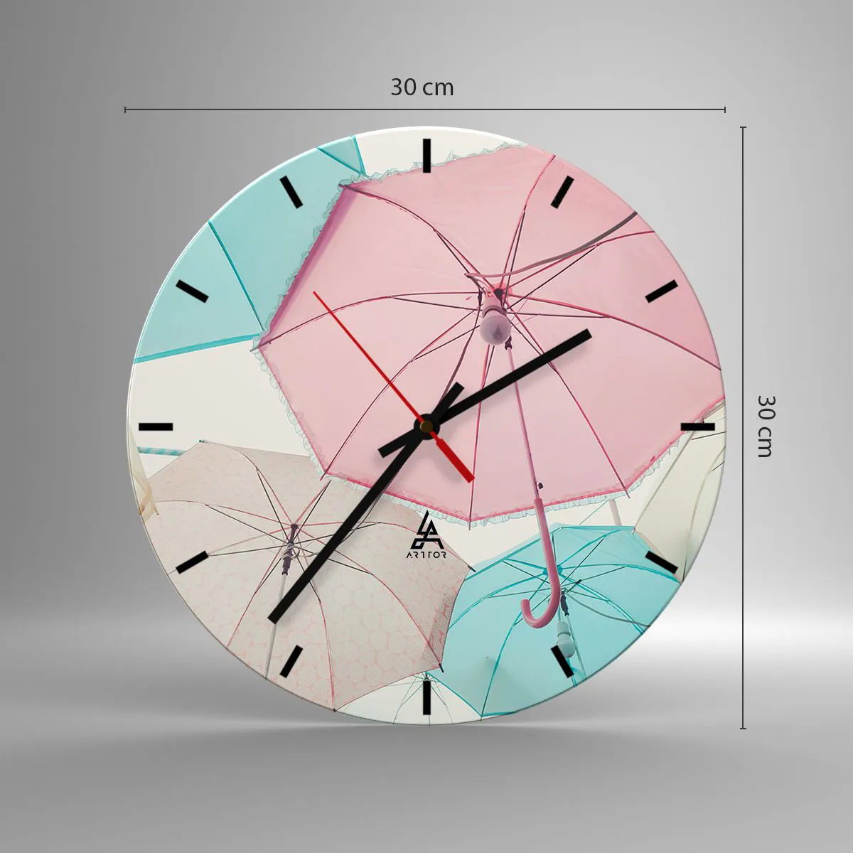Zegar ścienny - Parasole w pastelowych kolorach - 30x30cm - Czasem słońce, czasem deszcz - Nowoczesna dekoracja ścienna do salonu, kuchni i sypialni ARTTOR
