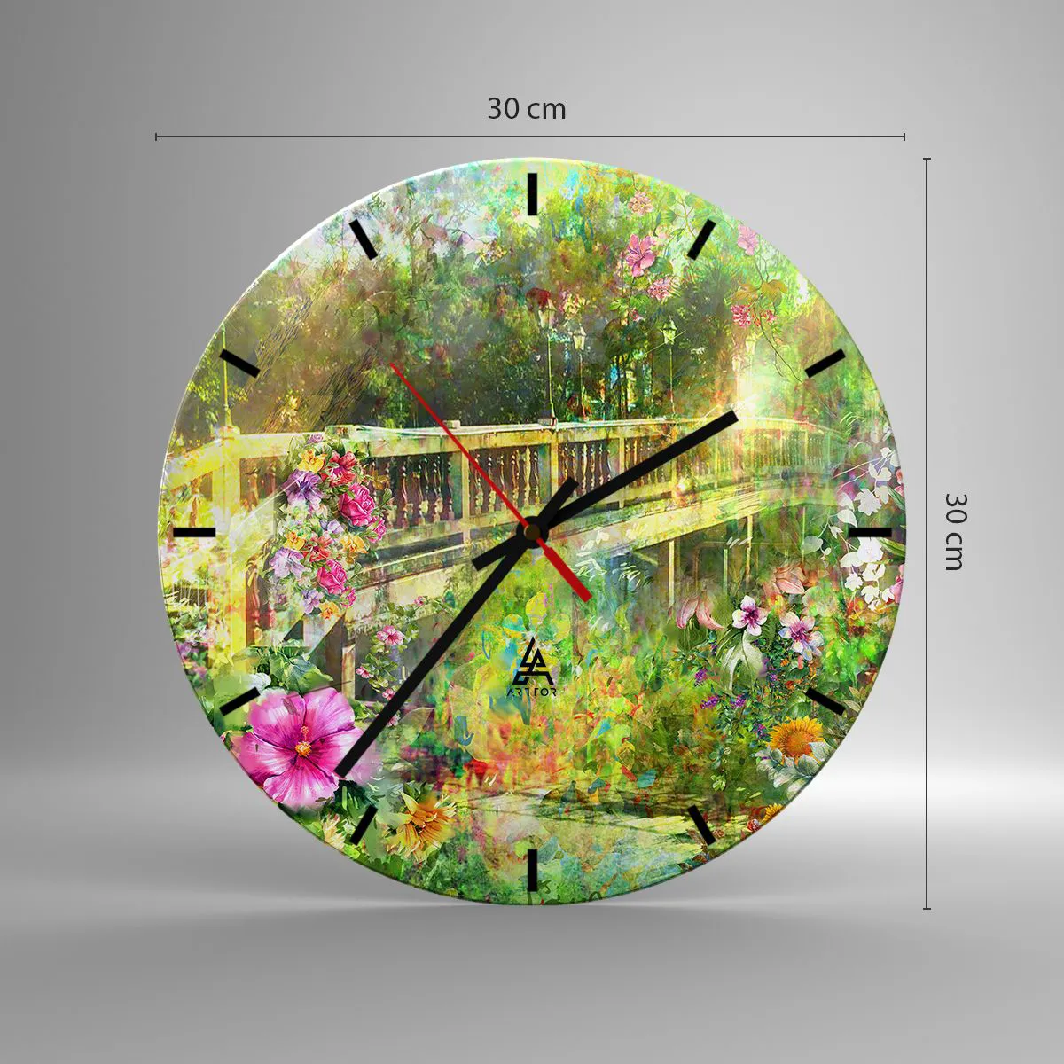 Relógio de parede - Relógio em vidro - Uma ponte cercada por flores no jardim de verão - 30x30cm - A ponte dos suspiros da primavera - Decoração de parede moderna para a sala de estar, cozinha e quarto ARTTOR