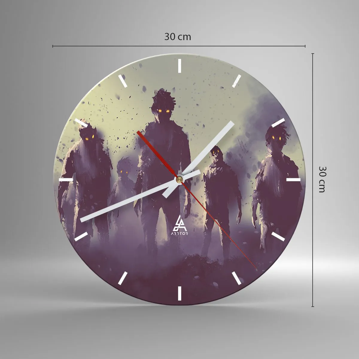 Zegar ścienny - Mroczne postacie w mglistym tle - 30x30cm - Uważaj! Nadchodzą - Nowoczesna dekoracja ścienna do salonu, kuchni i sypialni ARTTOR