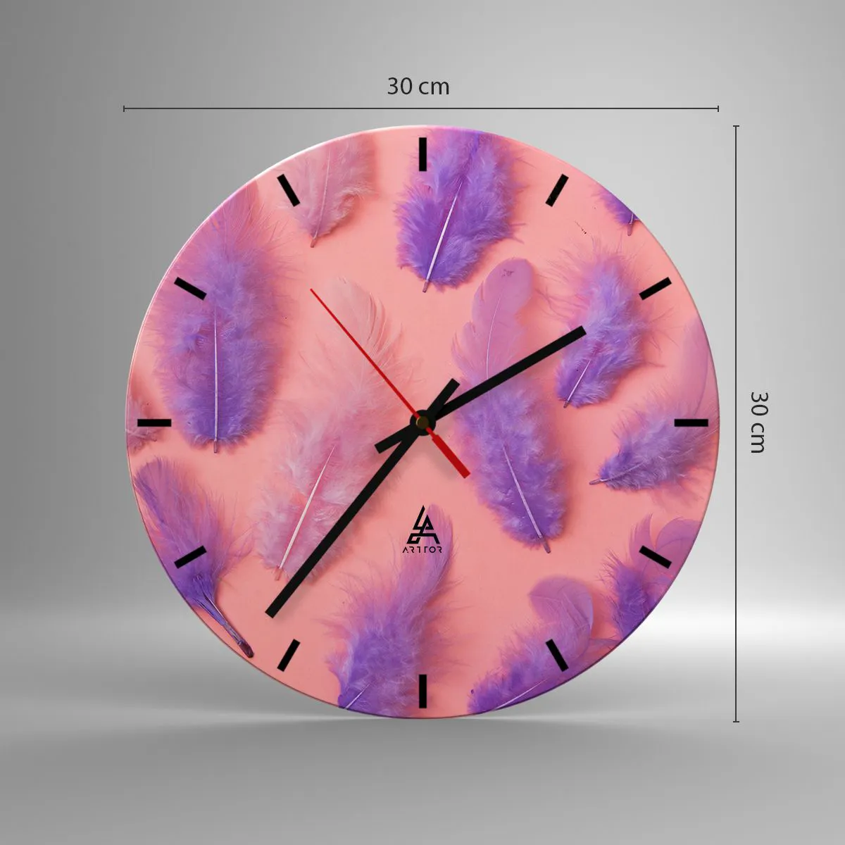 Relógio de parede - Relógio em vidro - Penas roxas em um fundo rosa - 30x30cm - Ave lilás do desejo - Decoração de parede moderna para a sala de estar, cozinha e quarto ARTTOR
