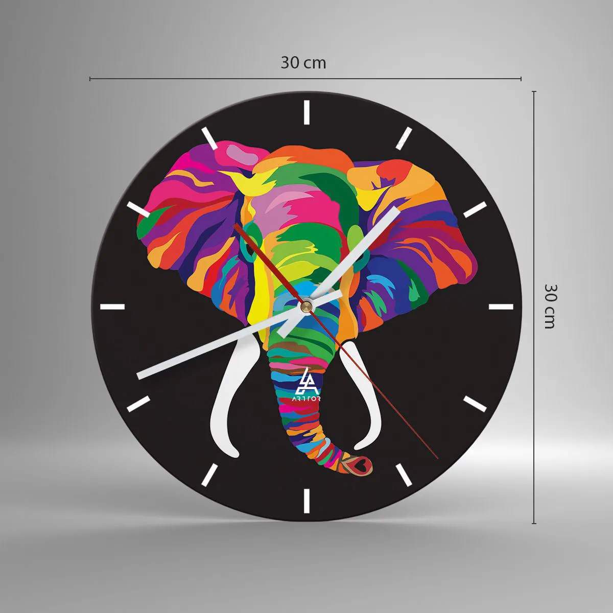 Wall clock - Clock on glass - Colorful elephant on a black background - 30x30cm - Elephant That Enjoyed Rainbow Bath - Modern wall decoration for the living room, kitchen, and bedroom ARTTOR