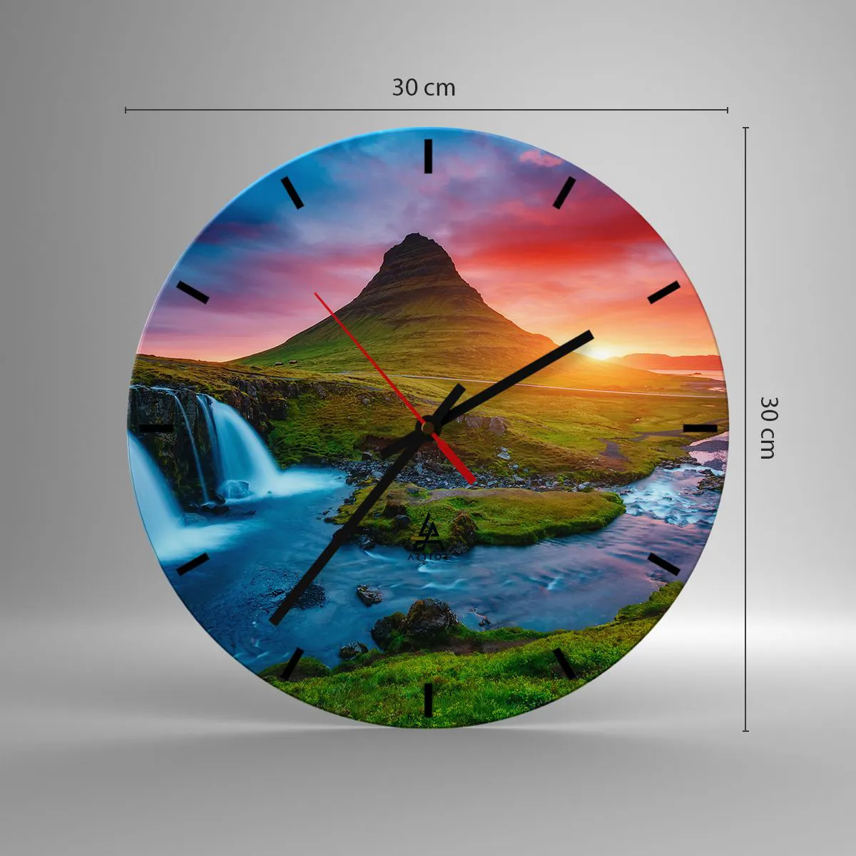 Ceas de perete - Ceas pe sticlă - Cascadă și munte în lumina soarelui care apune - 30x30cm - Islanda - foc și apă - Decorațiune modernă pentru perete pentru living, bucătărie și dormitor ARTTOR