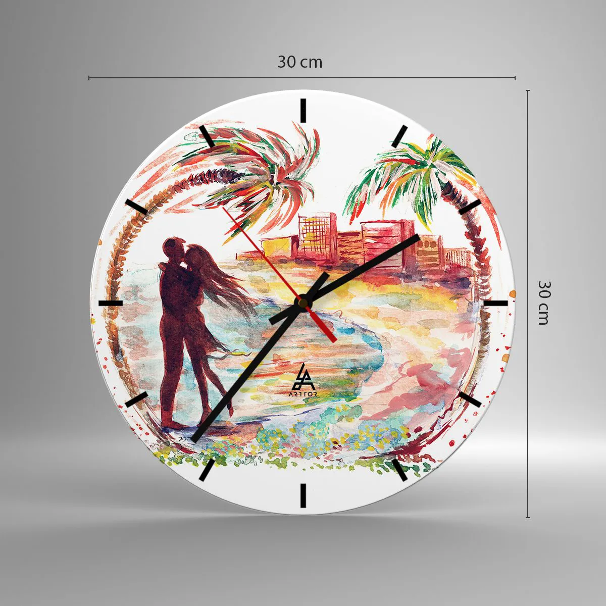Wanduhr - Glasuhr - Romantisches Paar am Strand mit Palmen im Hintergrund - 30x30cm - Romantischer Urlaub - Moderne Wanddekoration für Wohnzimmer, Küche und Schlafzimmer ARTTOR