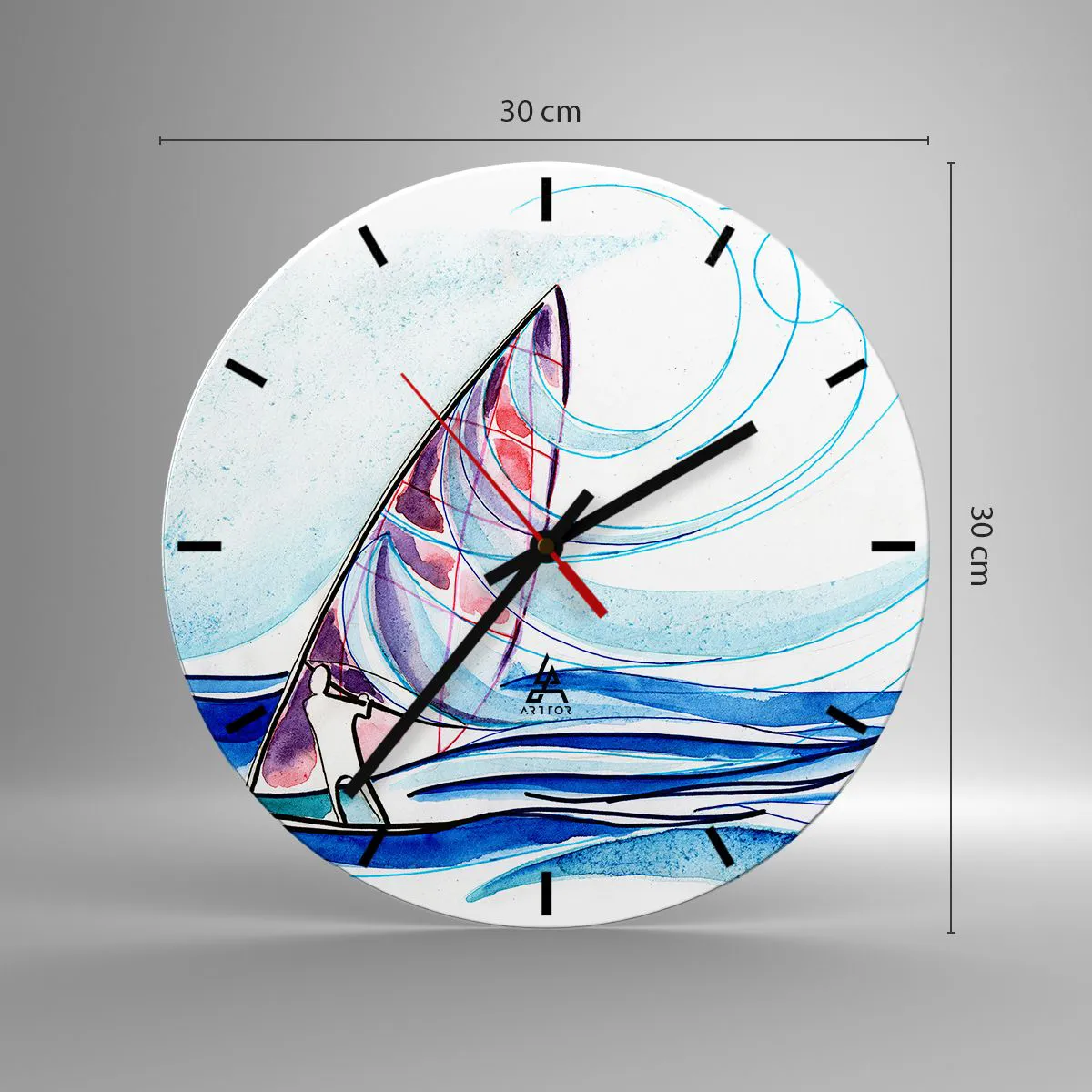 Horloge murale - Pendule murale - Un voilier sur une mer agitée dans une forme dynamique et abstraite - 30x30cm - Avec le vent au rythme des vagues - Décoration murale moderne pour le salon, la cuisine et la chambre ARTTOR