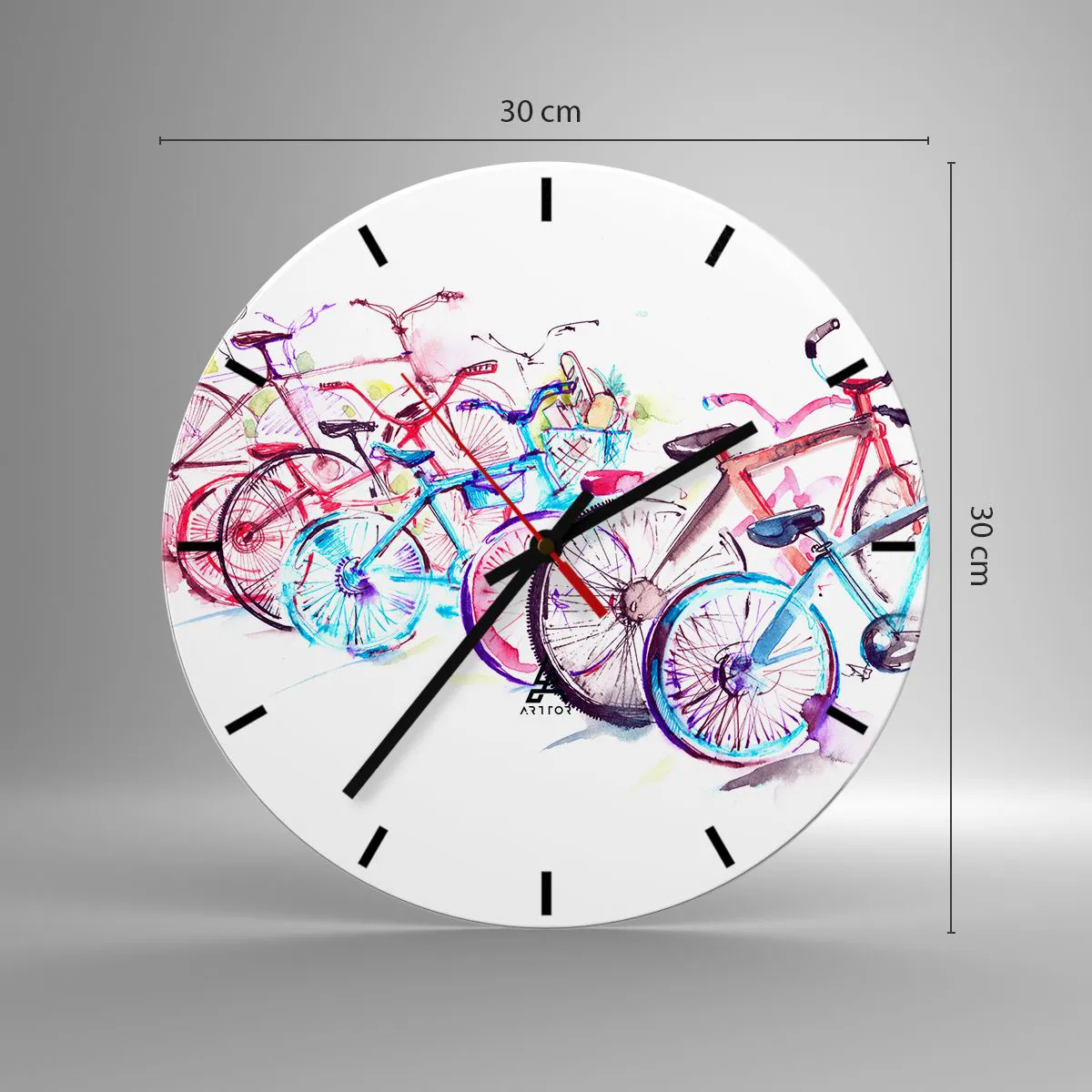 Relógio de parede - Relógio em vidro - Bicicletas em aquarela em cores brilhantes sobre fundo branco - 30x30cm - Reunião do Clube Antimoto - Decoração de parede moderna para a sala de estar, cozinha e quarto ARTTOR