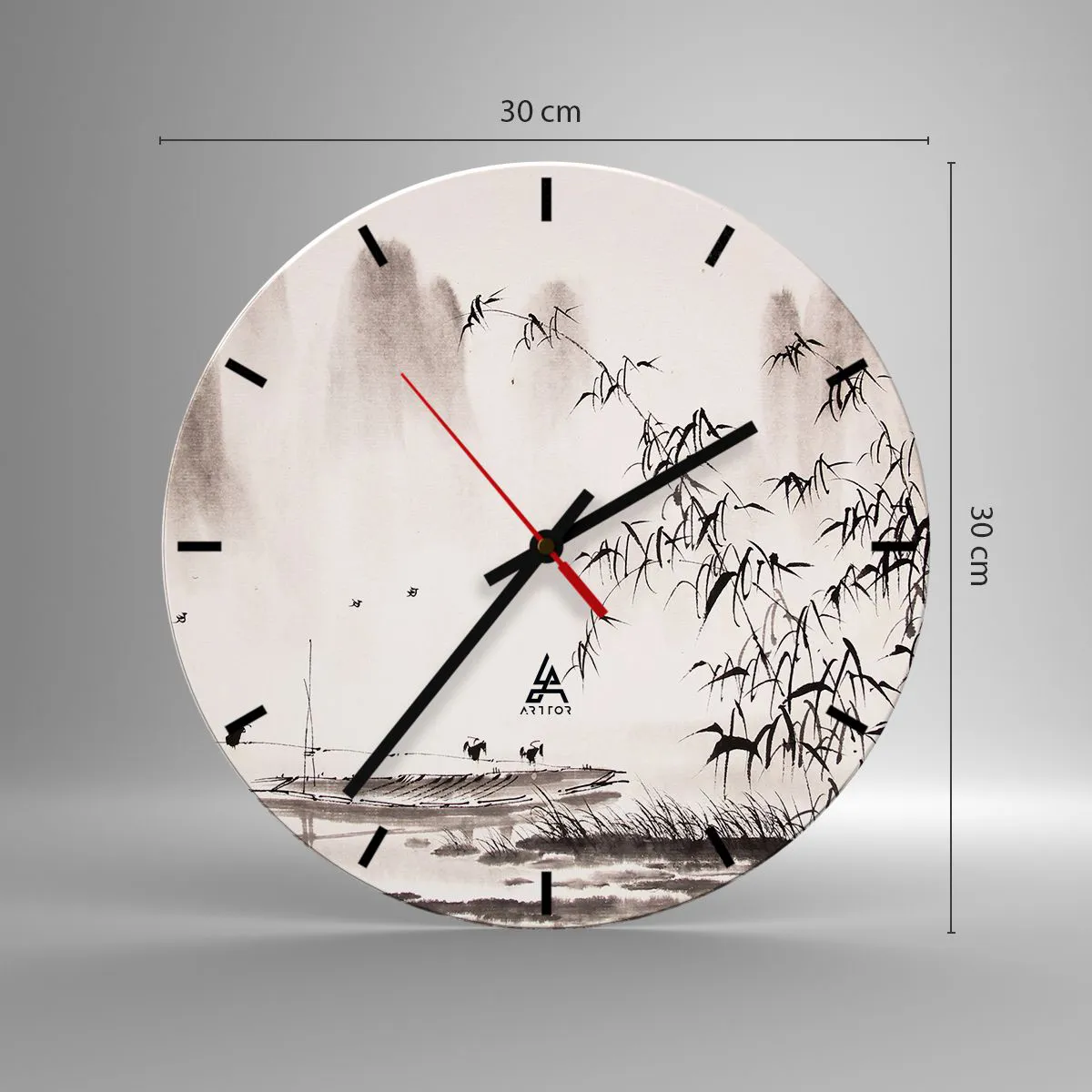 Nástenné hodiny - Minimalistická krajina s bambusom, loďkou a vtákmi v čiernobielej farbe. - 30x30cm - Pokoj ryžových polí - Moderná nástenná dekorácia do obývacej izby, kuchyne a spálne ARTTOR