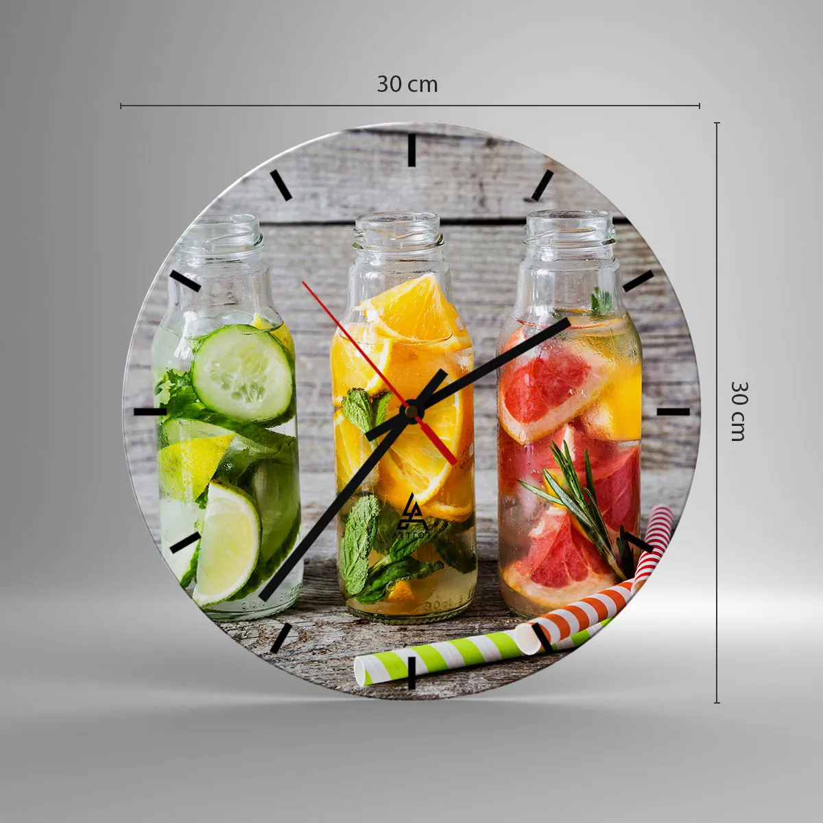 Nástěnné hodiny - Tři lahve vody s ovocnou a bylinkovou příchutí - 30x30cm - Zdravé od přírody - Moderní nástěnná dekorace do obývacího pokoje, kuchyně a ložnice ARTTOR