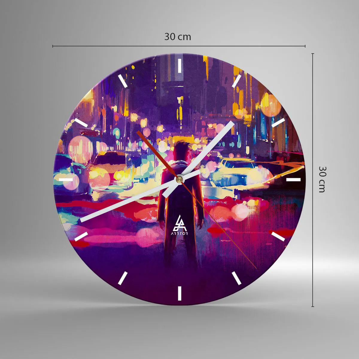 Ceas de perete - Ceas pe sticlă - O figură pe fundalul unui oraș colorat noaptea - 30x30cm - Scufundat în lumină - Decorațiune modernă pentru perete pentru living, bucătărie și dormitor ARTTOR
