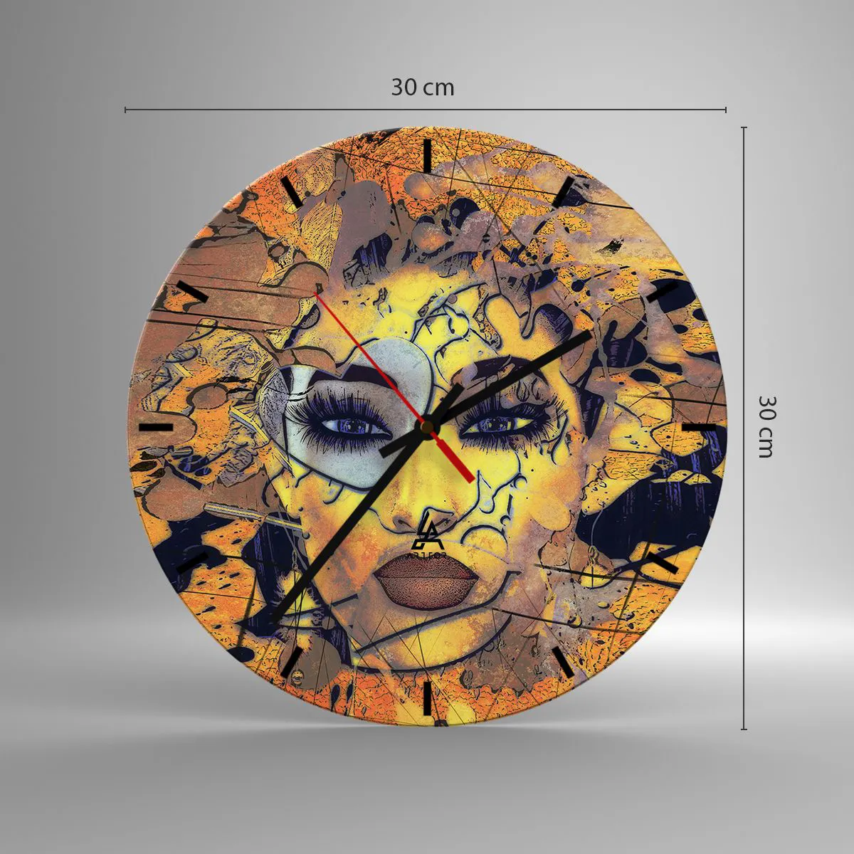 Vægur, Uret - Portræt af en abstrakt kvinde i guld- og sorte toner - 30x30cm - Solrig skønhed - Moderne vægdekoration til stue, køkken og soveværelse ARTTOR