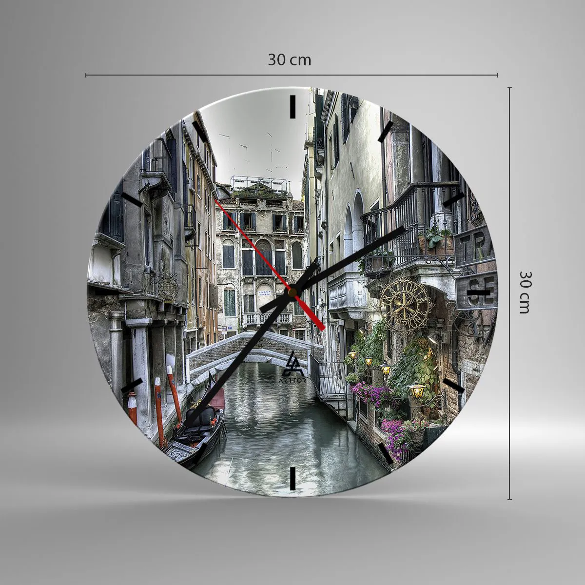 Relógio de parede - Relógio em vidro - Canal de Veneza com ponte, gôndola e edifícios históricos - 30x30cm - Há séculos em devaneio silencioso - Decoração de parede moderna para a sala de estar, cozinha e quarto ARTTOR