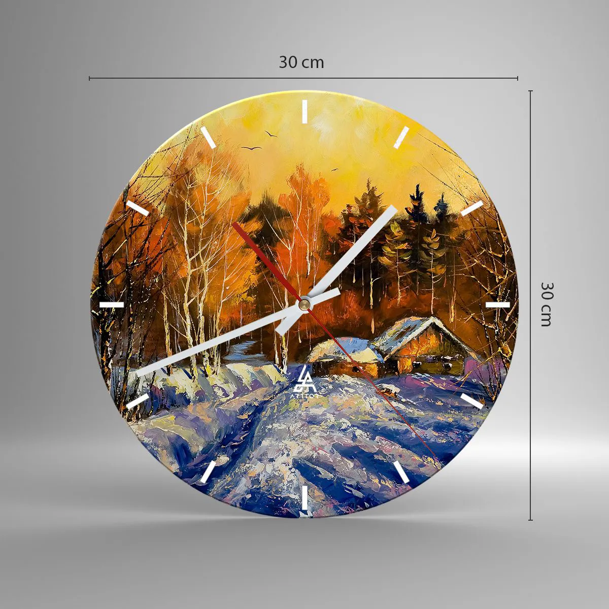 Relógio de parede - Relógio em vidro - Uma casa pitoresca em uma floresta de inverno iluminada por um pôr do sol quente - 30x30cm - Impressão de inverno ao sol - Decoração de parede moderna para a sala de estar, cozinha e quarto ARTTOR