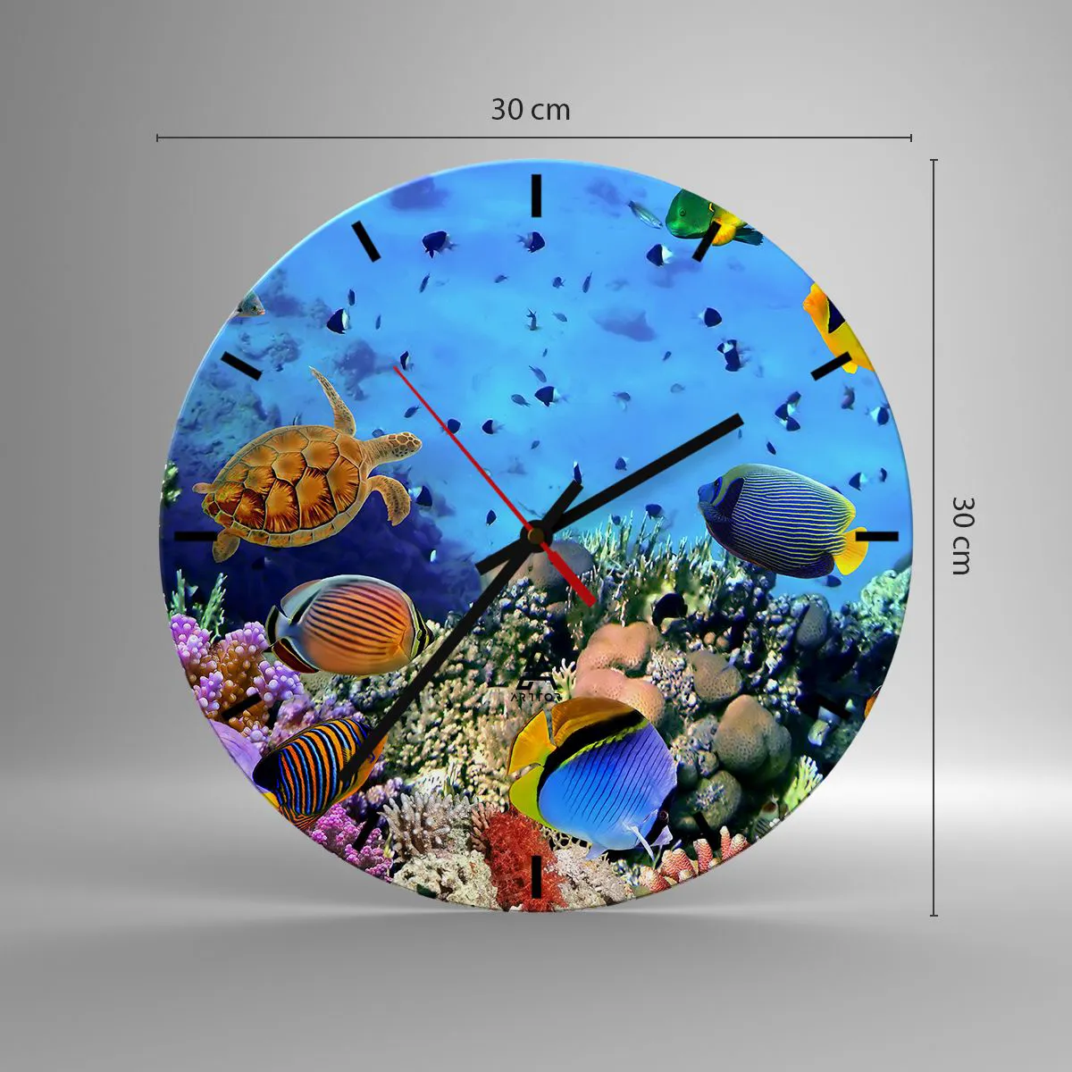Relógio de parede - Relógio em vidro - Mundo subaquático com tartarugas, peixes e recifes de corais - 30x30cm - E o que sabemos sobre a vida... - Decoração de parede moderna para a sala de estar, cozinha e quarto ARTTOR