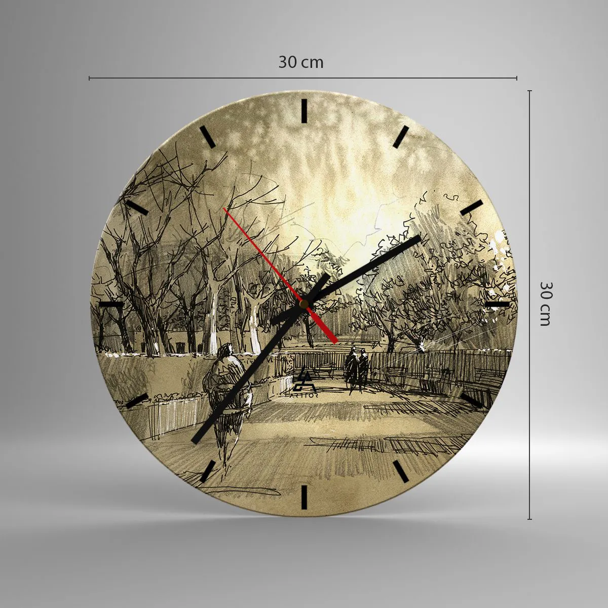 Relógio de parede - Relógio em vidro - Esboço de um passeio em um parque com caminhos e árvores - 30x30cm - Um momento capturado por uma pena - Decoração de parede moderna para a sala de estar, cozinha e quarto ARTTOR