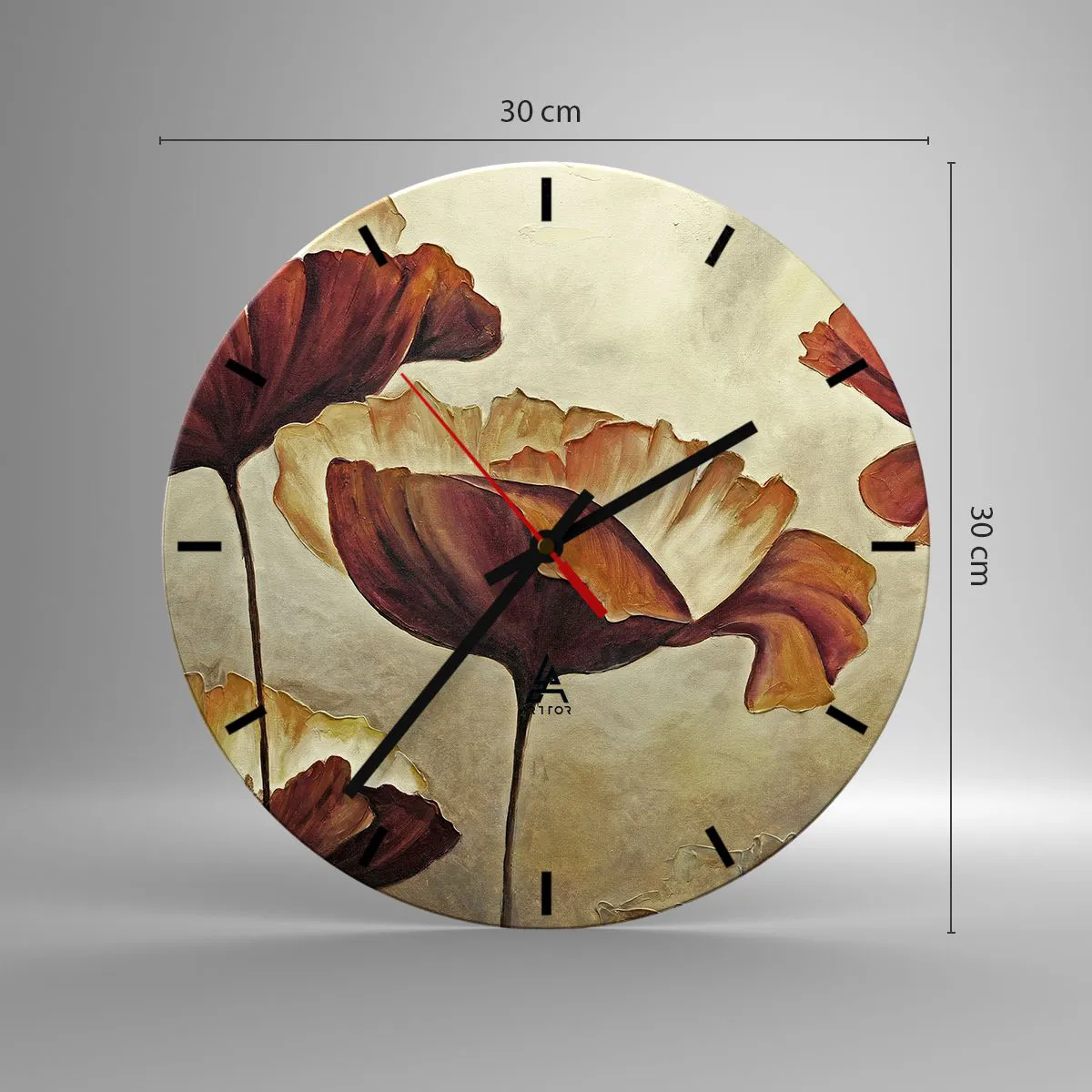 Väggklocka - Klocka på glas - Konstnärligt blommotiv i varma bruna och beige toner - 30x30cm - Ängsblommor - Modern väggdekoration för vardagsrum, kök och sovrum ARTTOR