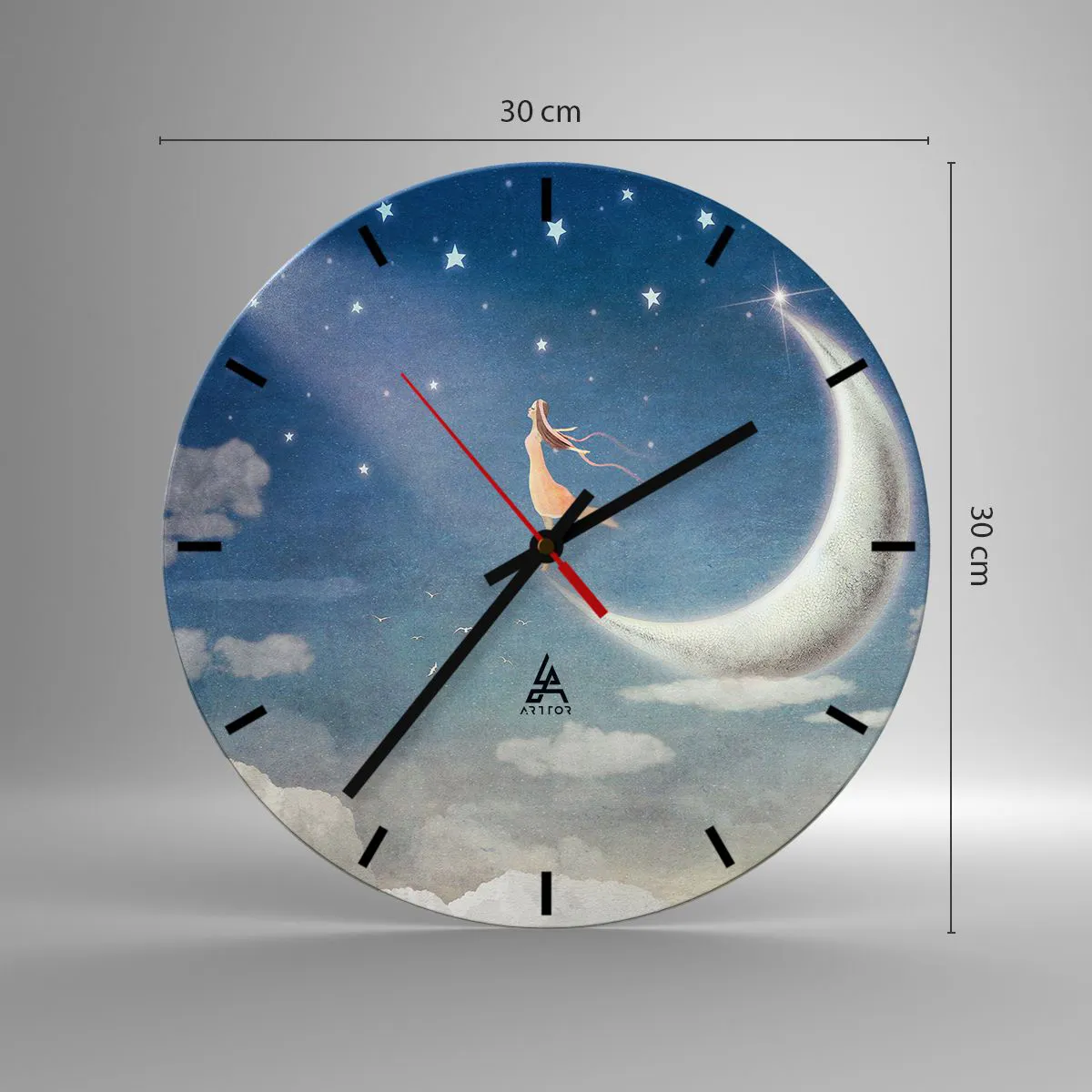 Väggklocka - Klocka på glas - En figur på månen omgiven av stjärnor på natthimlen - 30x30cm - Blå friare - Modern väggdekoration för vardagsrum, kök och sovrum ARTTOR