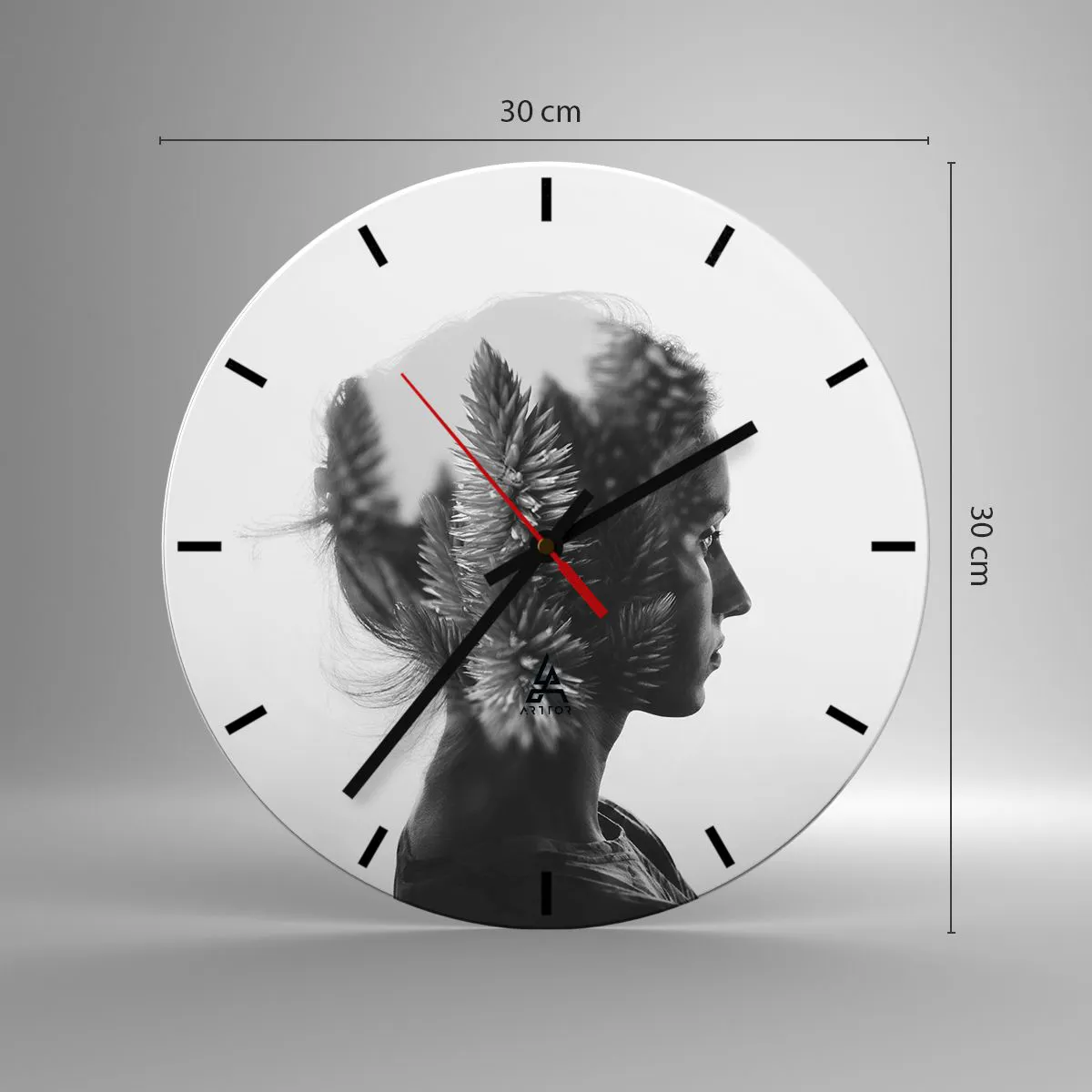 Ceas de perete - Ceas pe sticlă - Profil de femeie cu un motiv vegetal în fundal - 30x30cm - Doamna din pădurea de pini - Decorațiune modernă pentru perete pentru living, bucătărie și dormitor ARTTOR