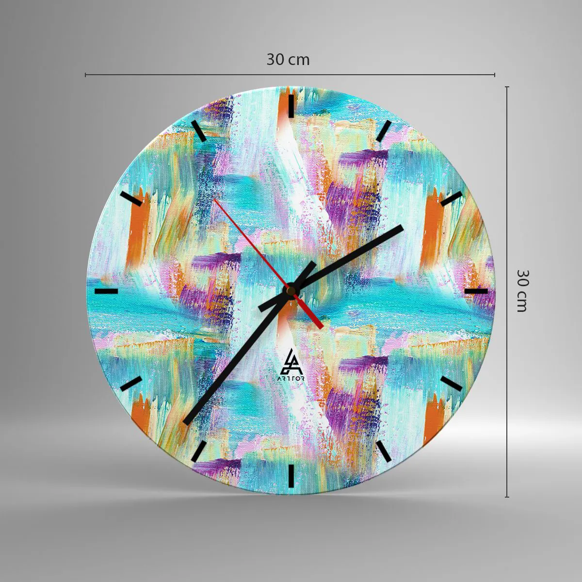 Väggklocka - Klocka på glas - Abstrakta penseldrag i livfulla färger - 30x30cm - Glatt klotter - Modern väggdekoration för vardagsrum, kök och sovrum ARTTOR