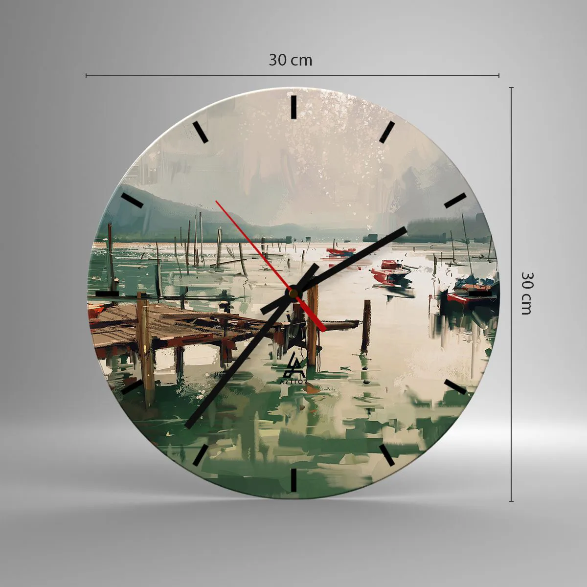 Wandklok - Klok - Sfeervolle pier met boten op kalm water - 30x30cm - Gedrenkt in een gesmolten maan - Moderne wanddecoratie voor woonkamer, keuken en slaapkamer ARTTOR