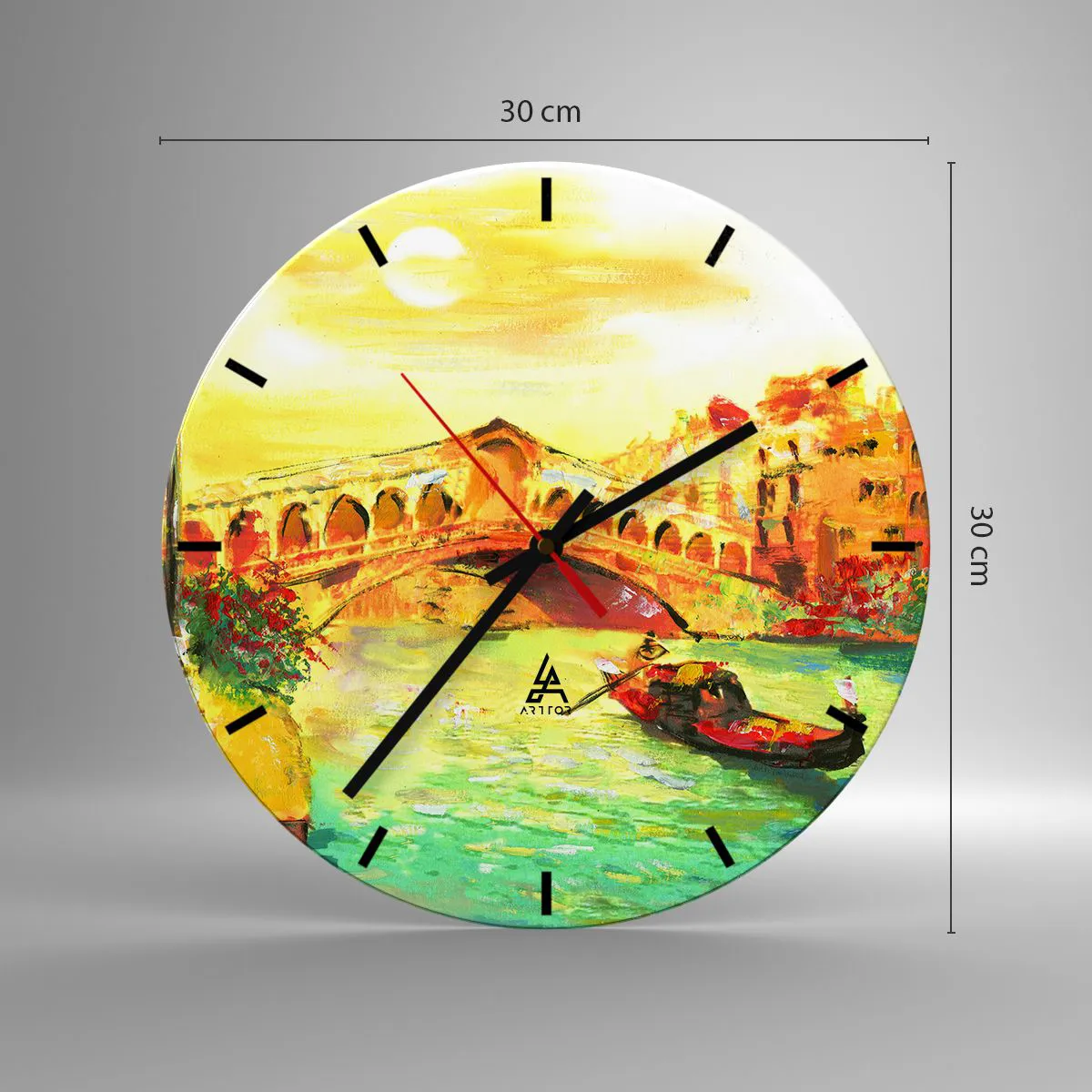 Relógio de parede - Relógio em vidro - Uma cena com uma gôndola tendo como pano de fundo uma ponte em cores douradas - 30x30cm - Romaria dos amantes - Decoração de parede moderna para a sala de estar, cozinha e quarto ARTTOR