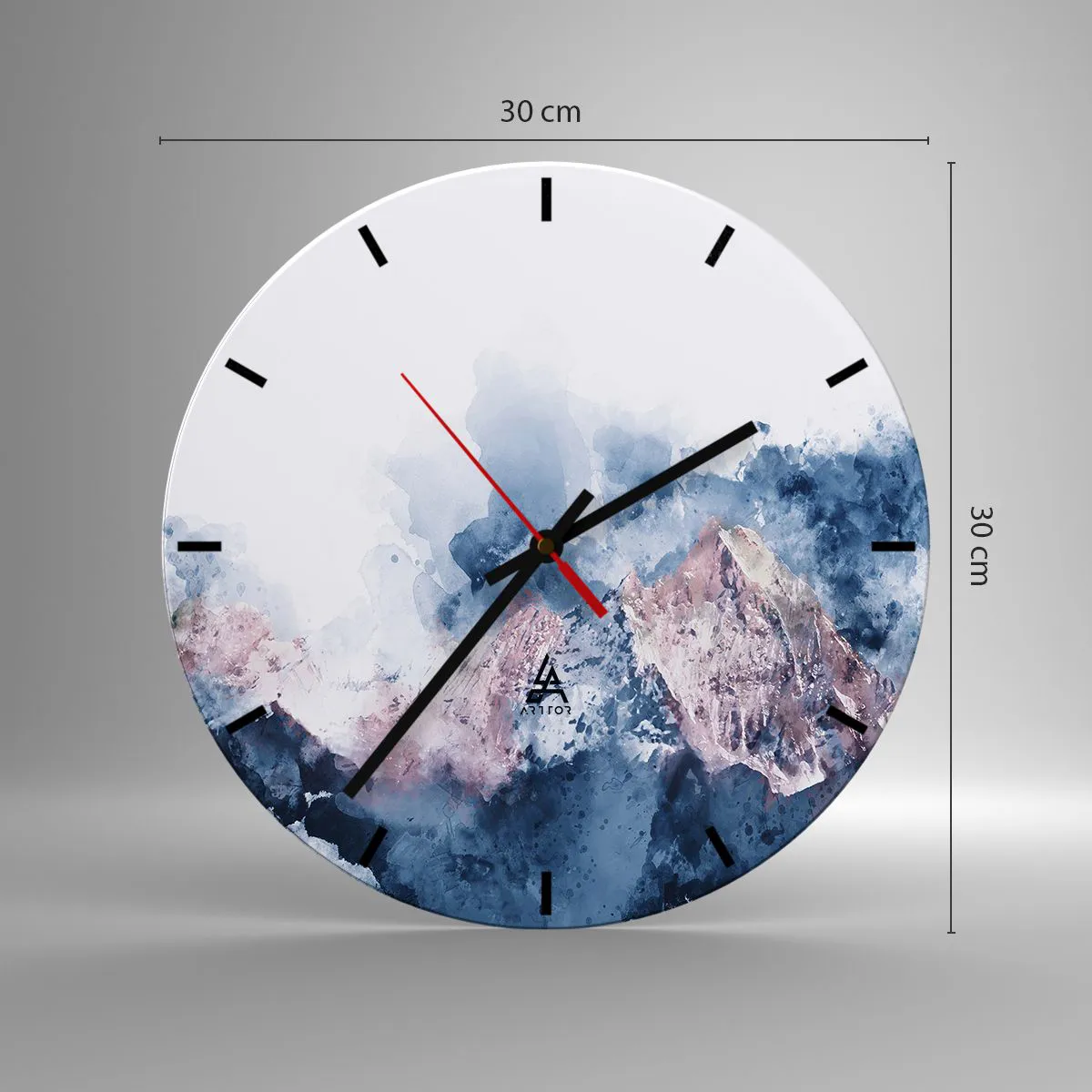 Väggklocka - Klocka på glas - En målerisk skildring av berg i nyanser av blått och rosa. - 30x30cm - Det är toppen! - Modern väggdekoration för vardagsrum, kök och sovrum ARTTOR