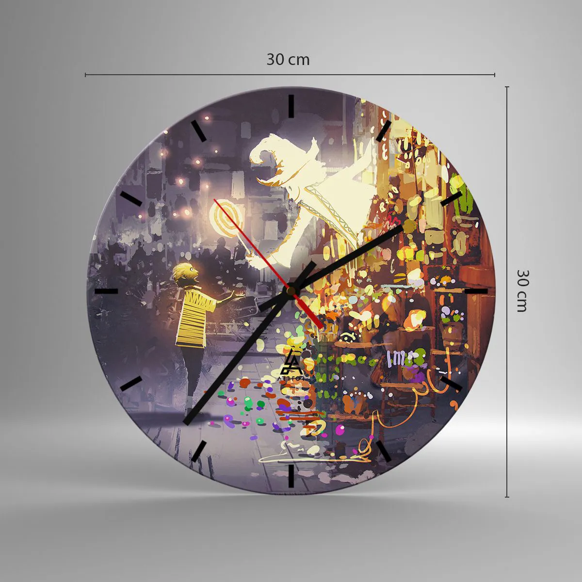 Ceas de perete - Ceas pe sticlă - O pictură fantastică cu un magician și un copil înconjurați de lumini colorate. - 30x30cm - Vrăjitoria există - Decorațiune modernă pentru perete pentru living, bucătărie și dormitor ARTTOR