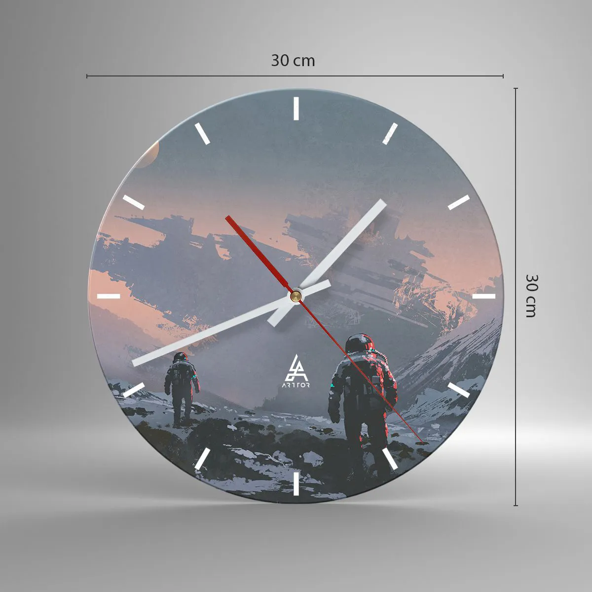 Zegar ścienny - Astronauci na obcej planecie z wrakiem statku kosmicznego - 30x30cm - Pod nieznaną gwiazdą - Nowoczesna dekoracja ścienna do salonu, kuchni i sypialni ARTTOR