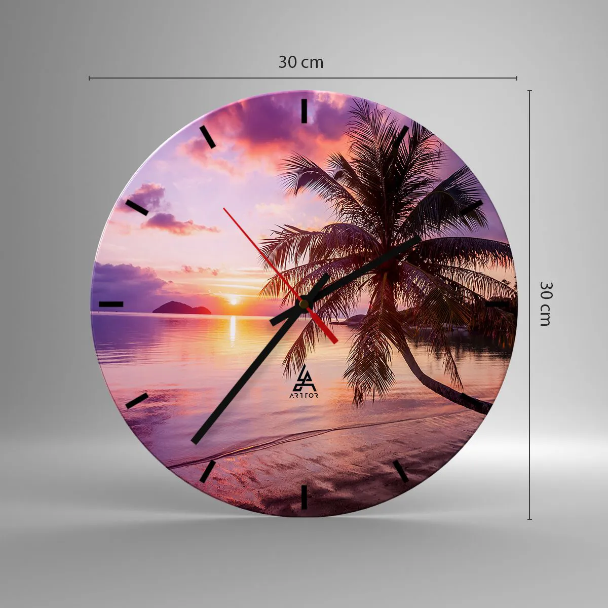Ceas de perete - Ceas pe sticlă - Palmier pe malul mării la apus - 30x30cm - Euforie până la orizont - Decorațiune modernă pentru perete pentru living, bucătărie și dormitor ARTTOR