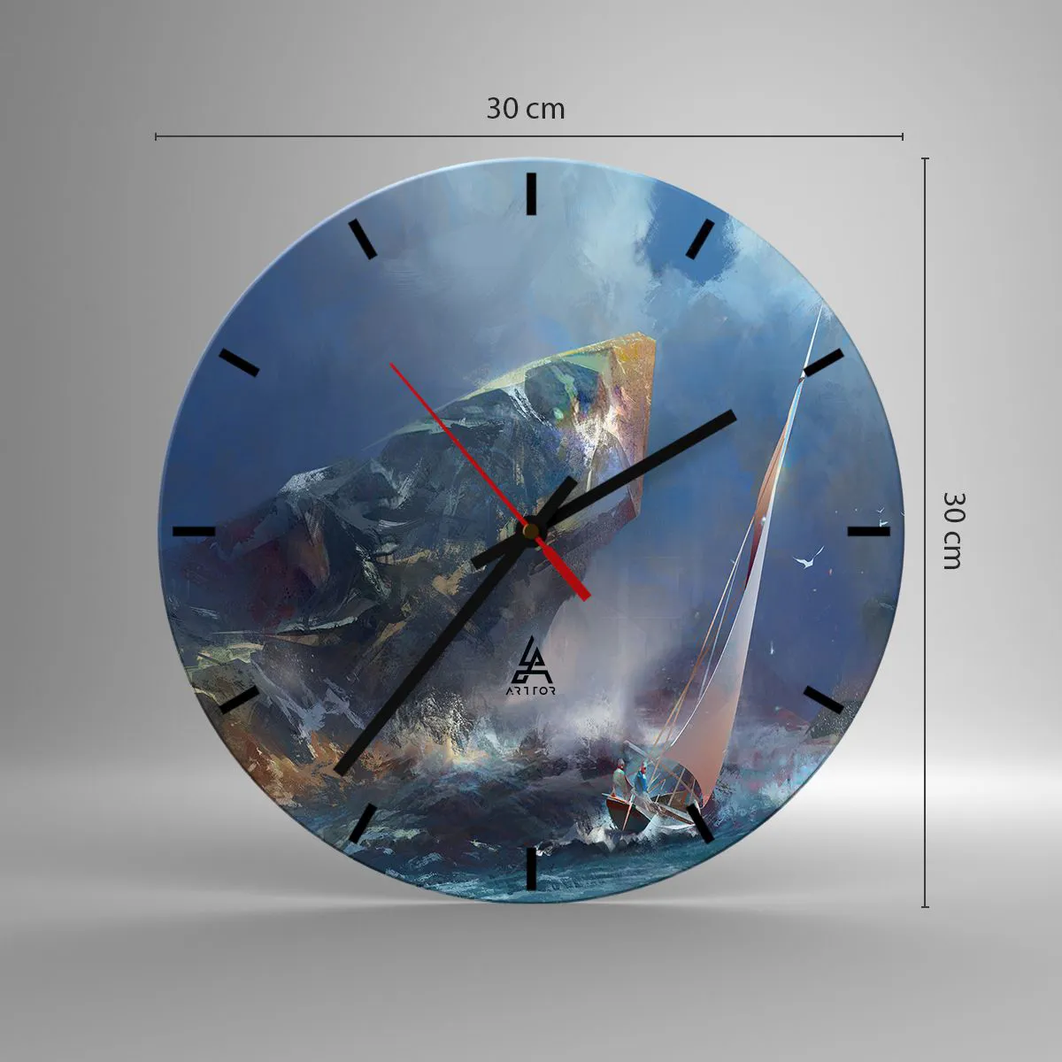 Horloge murale - Pendule murale - Un yacht dans une mer agitée près des rochers dans un style abstrait. - 30x30cm - Celui qui est courageux, gagne - Décoration murale moderne pour le salon, la cuisine et la chambre ARTTOR