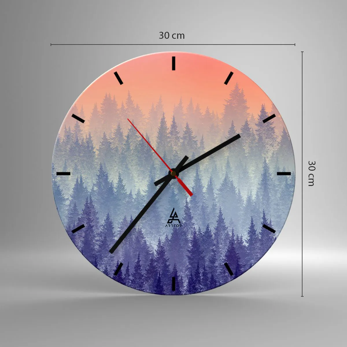 Vægur, Uret - Skov ved solopgang i pastelfarver - 30x30cm - Højt, højere, til himlen - Moderne vægdekoration til stue, køkken og soveværelse ARTTOR