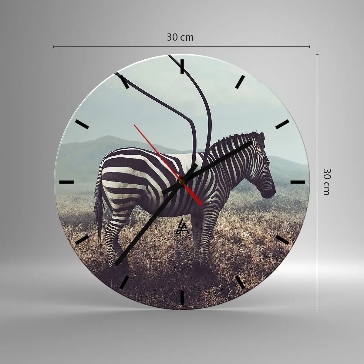 Ceas de perete - Ceas pe sticlă - O zebră într-un cadru natural pe fundalul savanei - 30x30cm - Atenție! Defecțiune - Decorațiune modernă pentru perete pentru living, bucătărie și dormitor ARTTOR