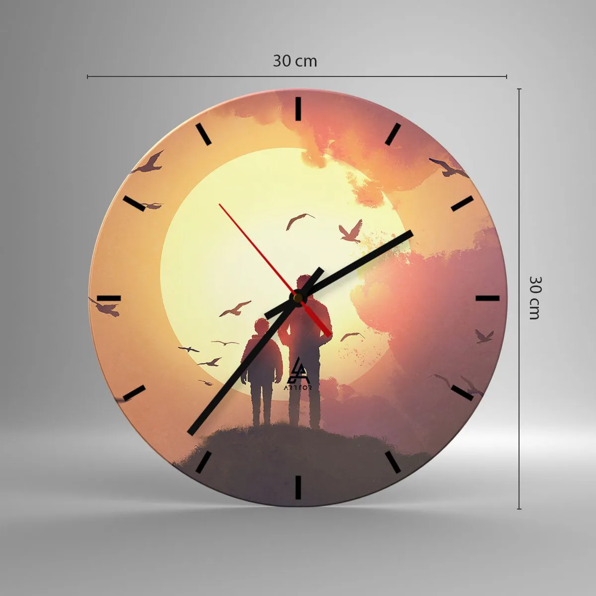 Wall clock - Clock on glass - Figures against the backdrop of the setting sun and birds - 30x30cm - Face to Face with the Sun - Modern wall decoration for the living room, kitchen, and bedroom ARTTOR
