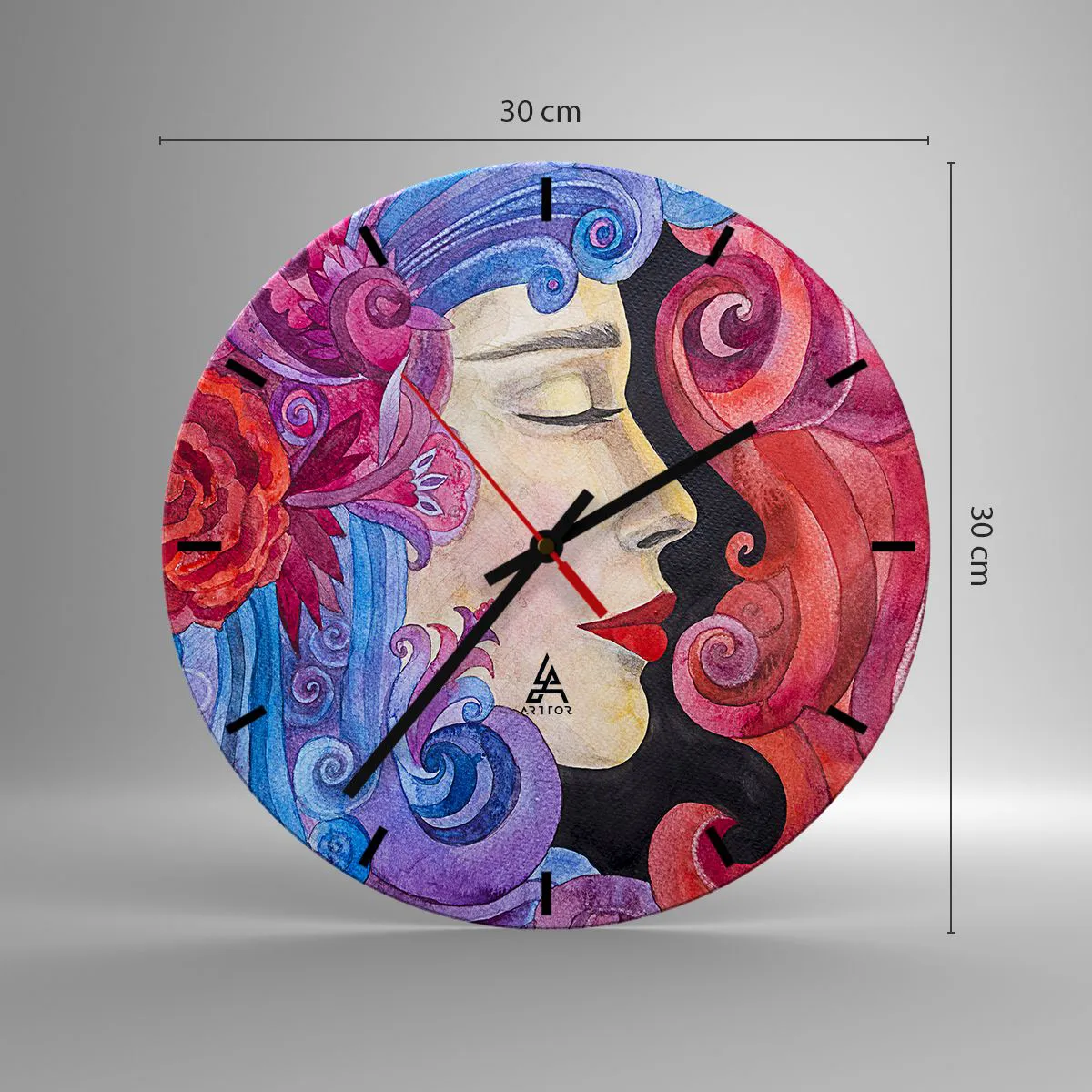 Zegar ścienny - Kolorowa twarz z artystycznymi ornamentami - 30x30cm - Secesja wciąż żywa - Nowoczesna dekoracja ścienna do salonu, kuchni i sypialni ARTTOR