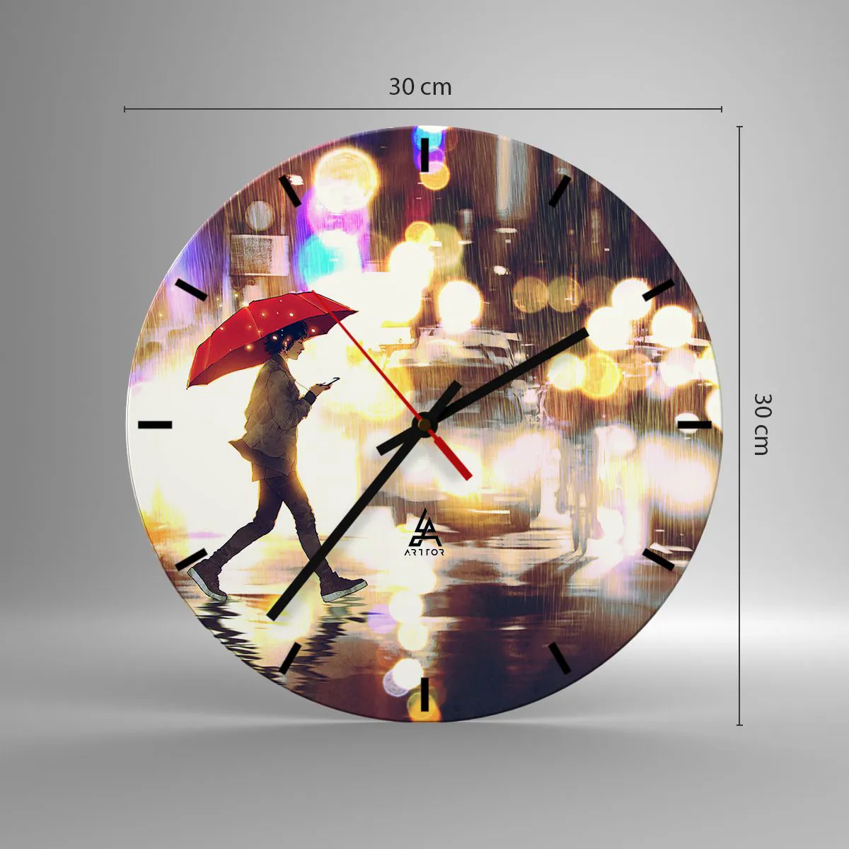 Ceas de perete - Ceas pe sticlă - figură cu o umbrelă roșie pe fundalul luminilor nocturne ale orașului - 30x30cm - Și totuși este însorită - Decorațiune modernă pentru perete pentru living, bucătărie și dormitor ARTTOR