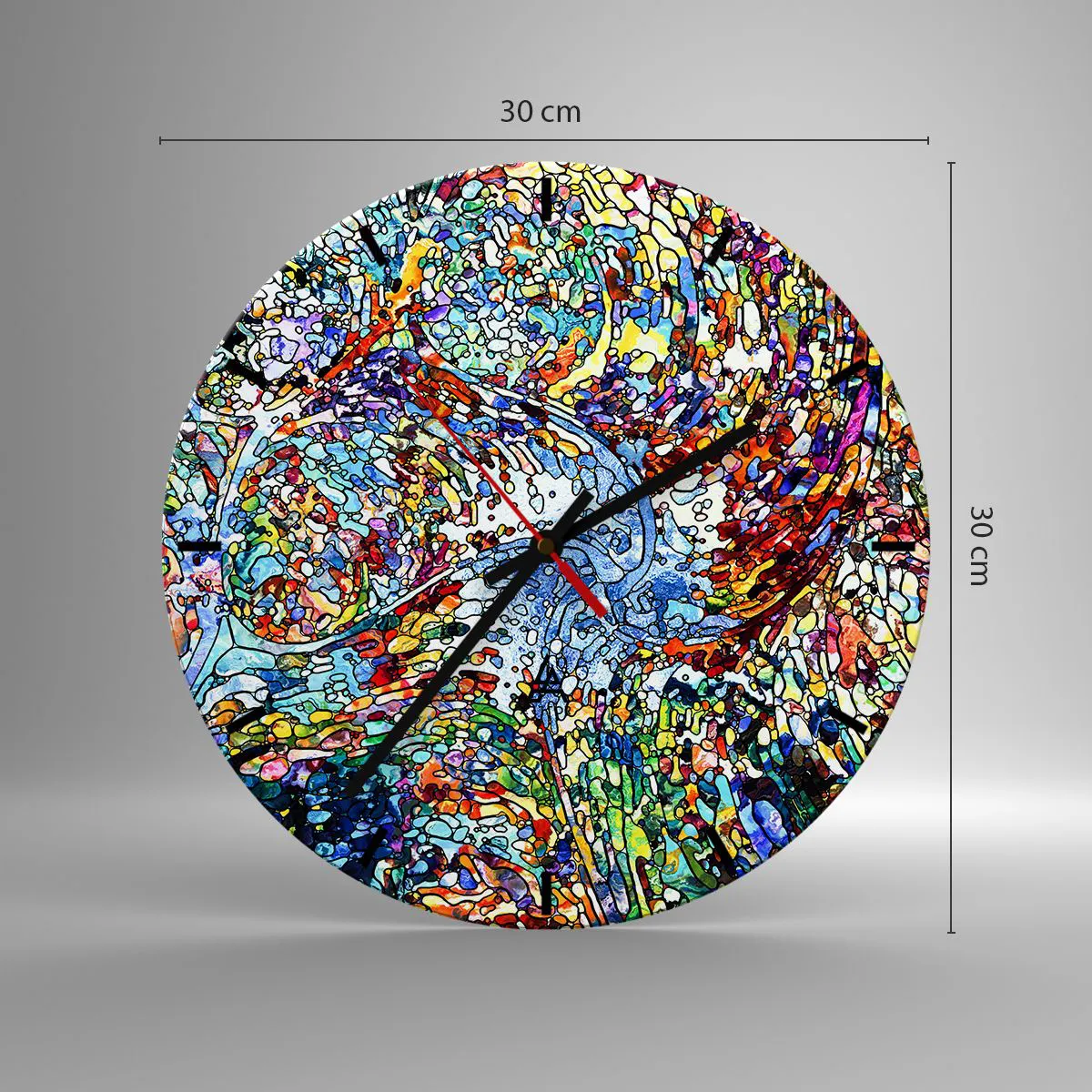 Relógio de parede - Relógio em vidro - Um mosaico colorido em estilo abstrato cheio de energia - 30x30cm - Vitrais gotejantes - Decoração de parede moderna para a sala de estar, cozinha e quarto ARTTOR